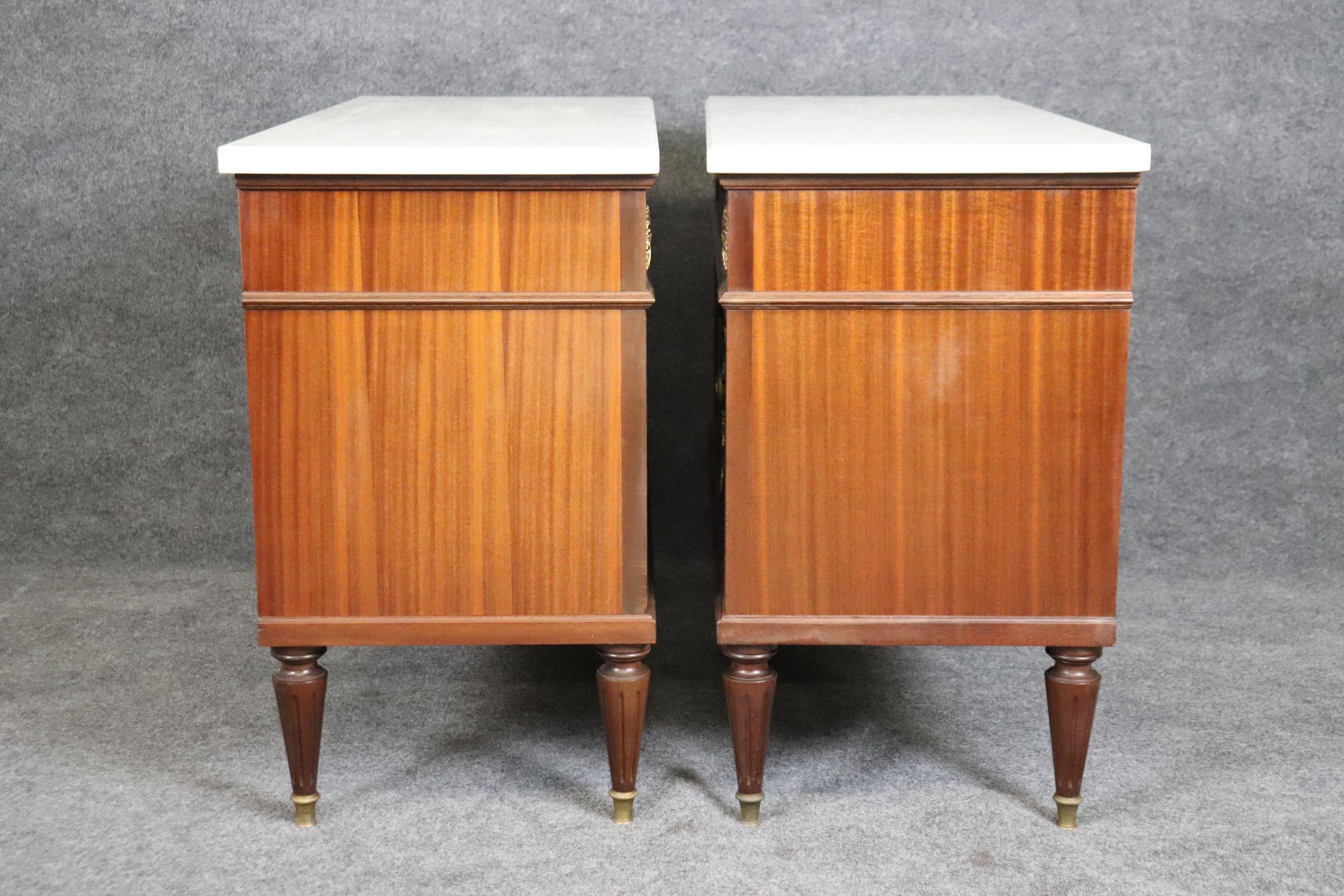 Mid-20th Century Pair Superb Directoire Maison Jansen Style Flame Mahogany Marble Top Commodes 