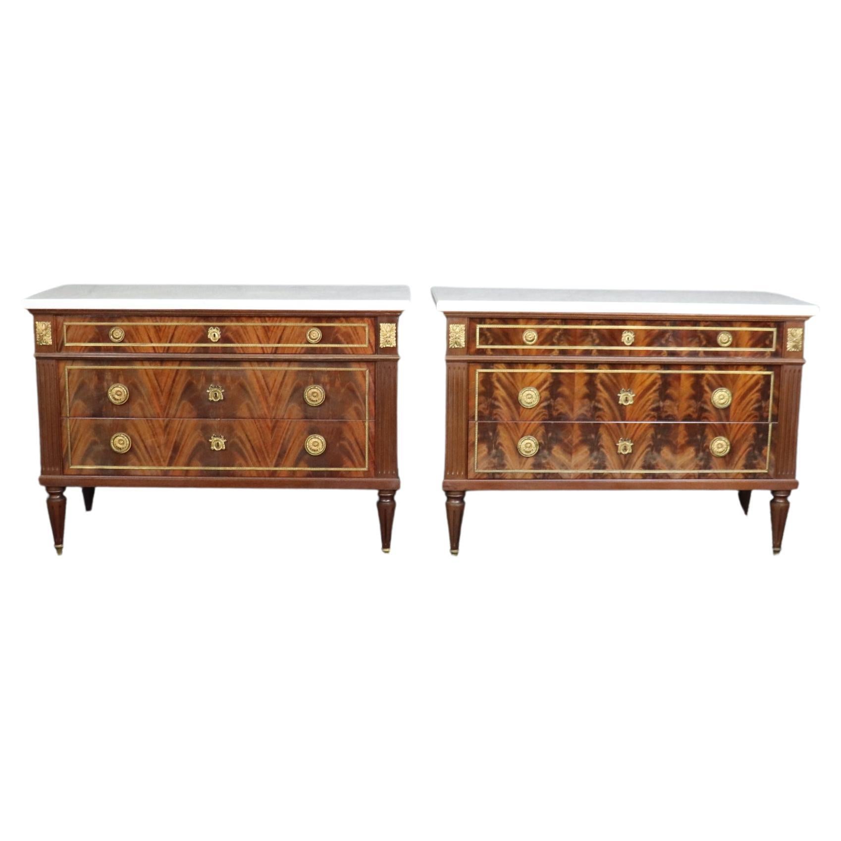 Pair Superb Directoire Maison Jansen Style Flame Mahogany Marble Top Commodes 