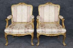 Pair Superb French Louis XV Style Gold Gilt Carved Bergere Armchairs