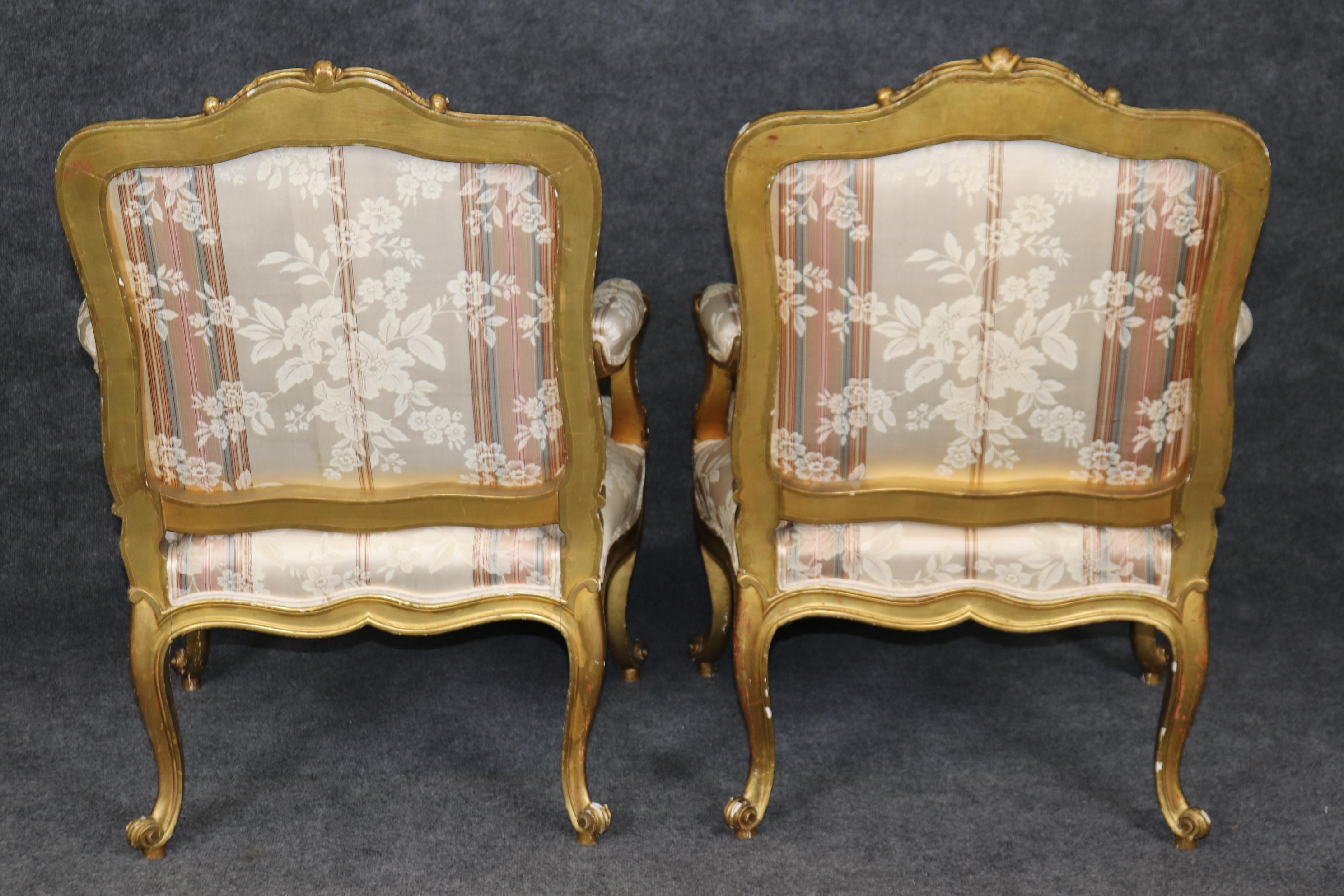 Early 20th Century Pair Superb French Louis XV Style Gold Gilt Carved Bergere Armchairs For Sale