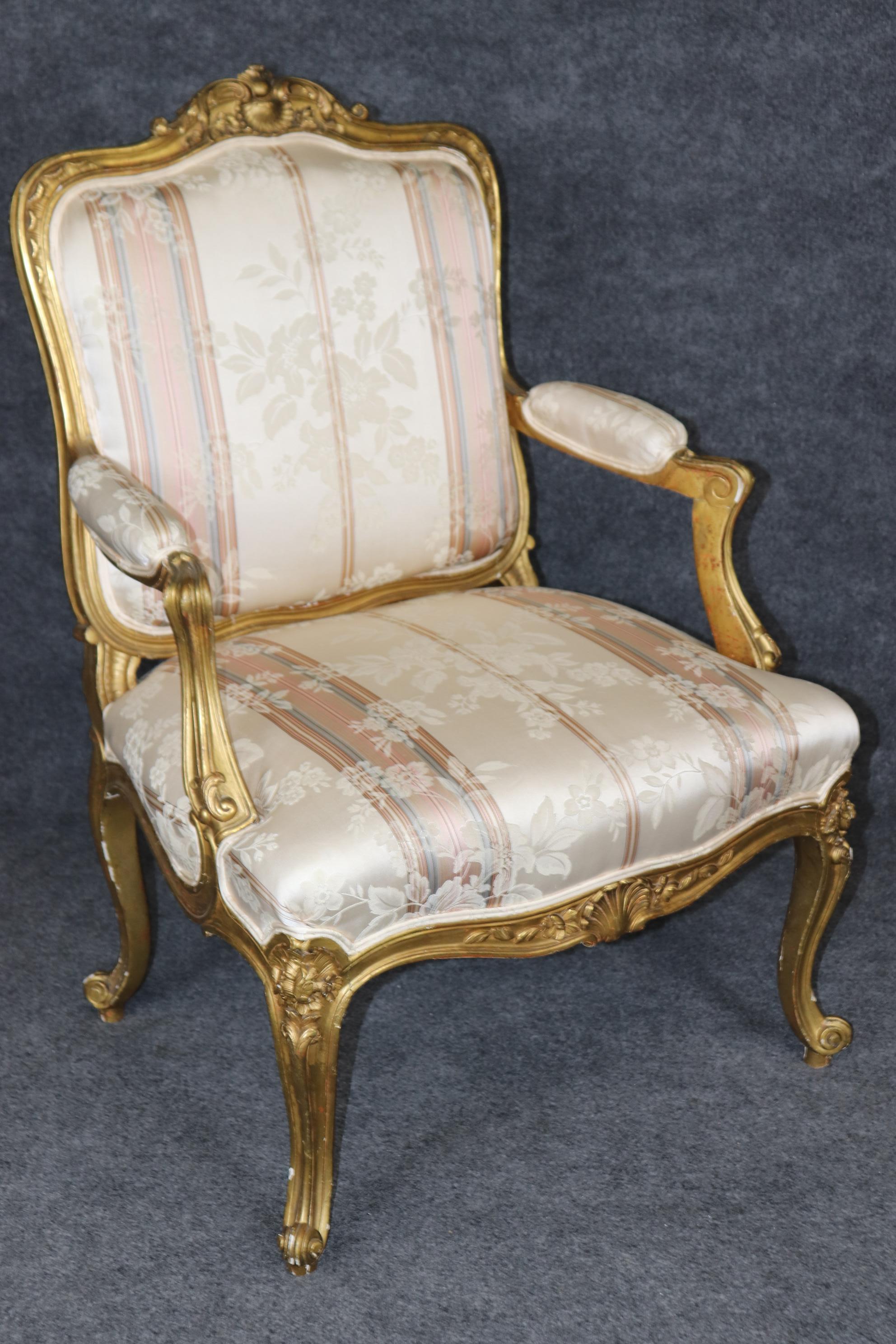 Pair Superb French Louis XV Style Gold Gilt Carved Bergere Armchairs For Sale 1