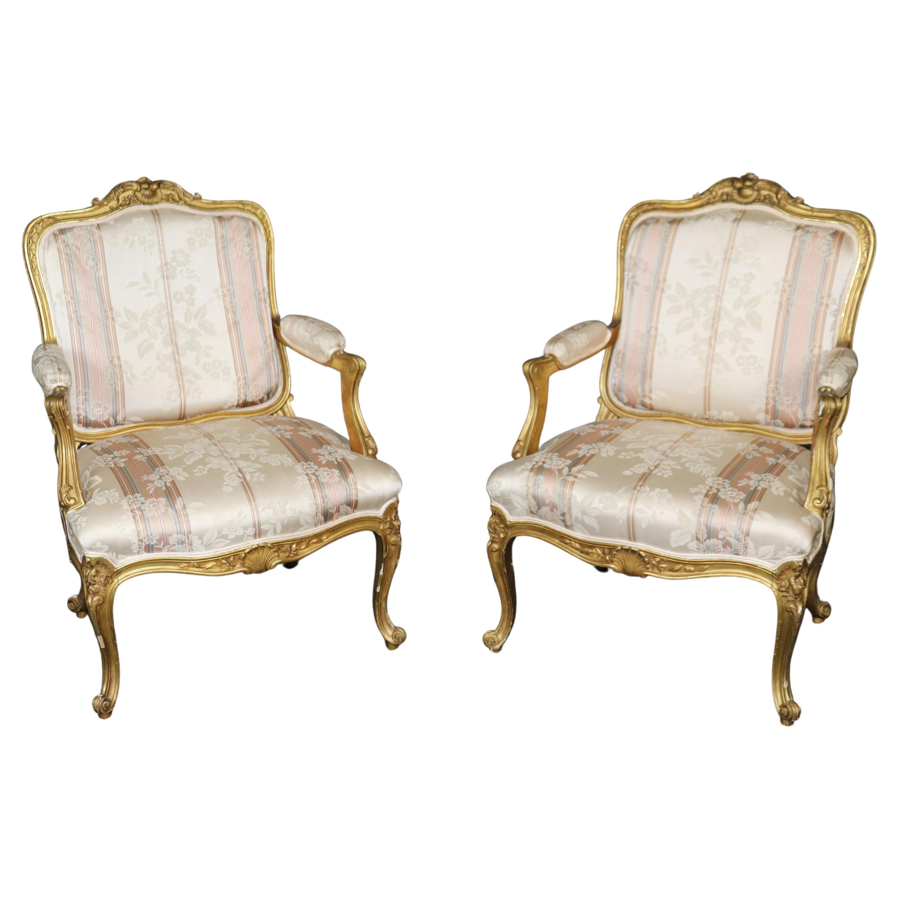 Pair Superb French Louis XV Style Gold Gilt Carved Bergere Armchairs