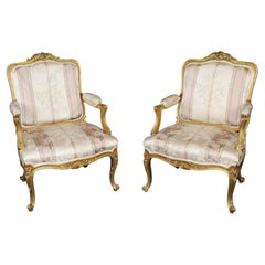 Pair Superb French Louis XV Style Gold Gilt Carved Bergere Armchairs