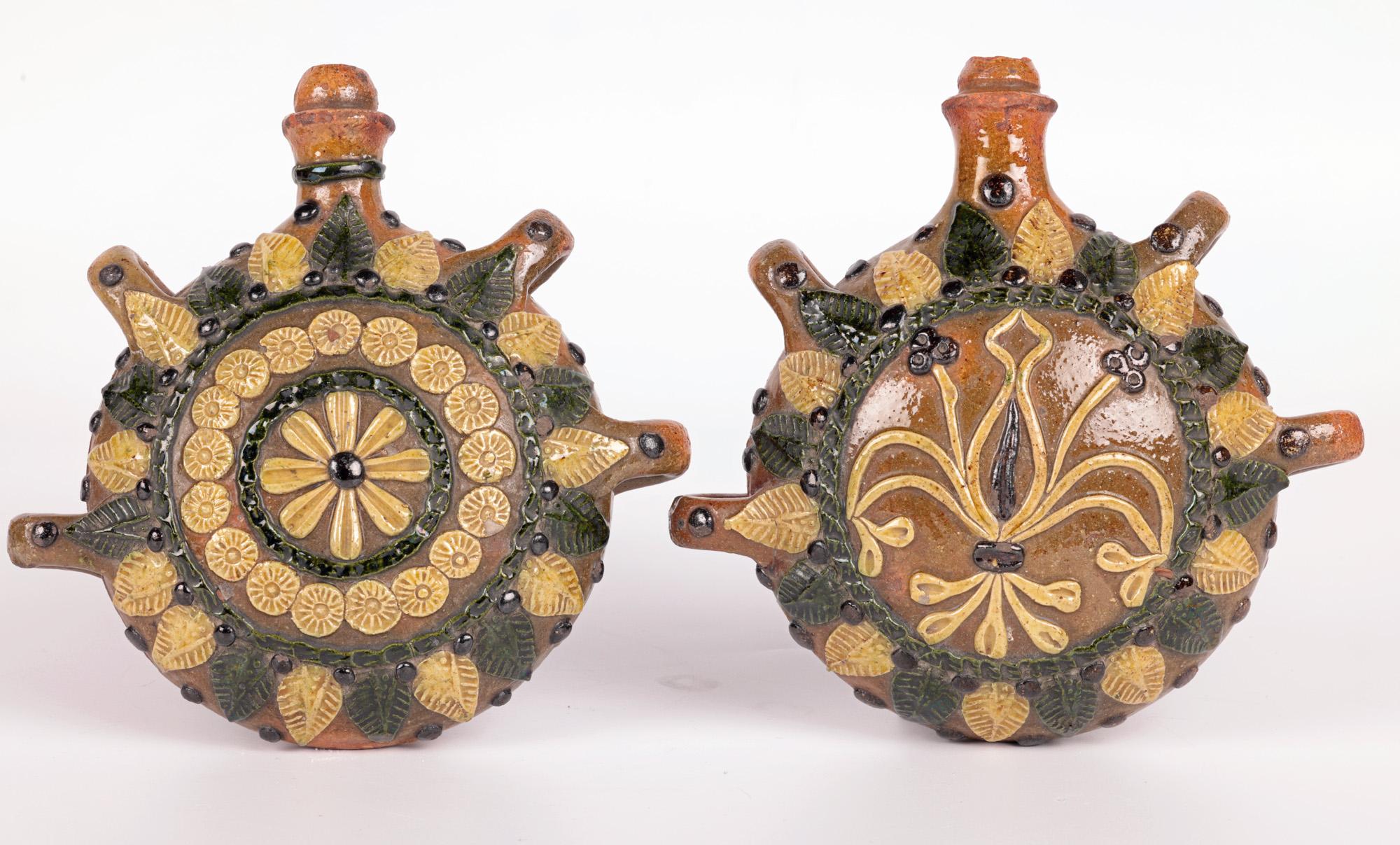 Pair Sussex Slipware Pottery Floral Pilgrim Flasks  In Good Condition For Sale In Bishop's Stortford, Hertfordshire