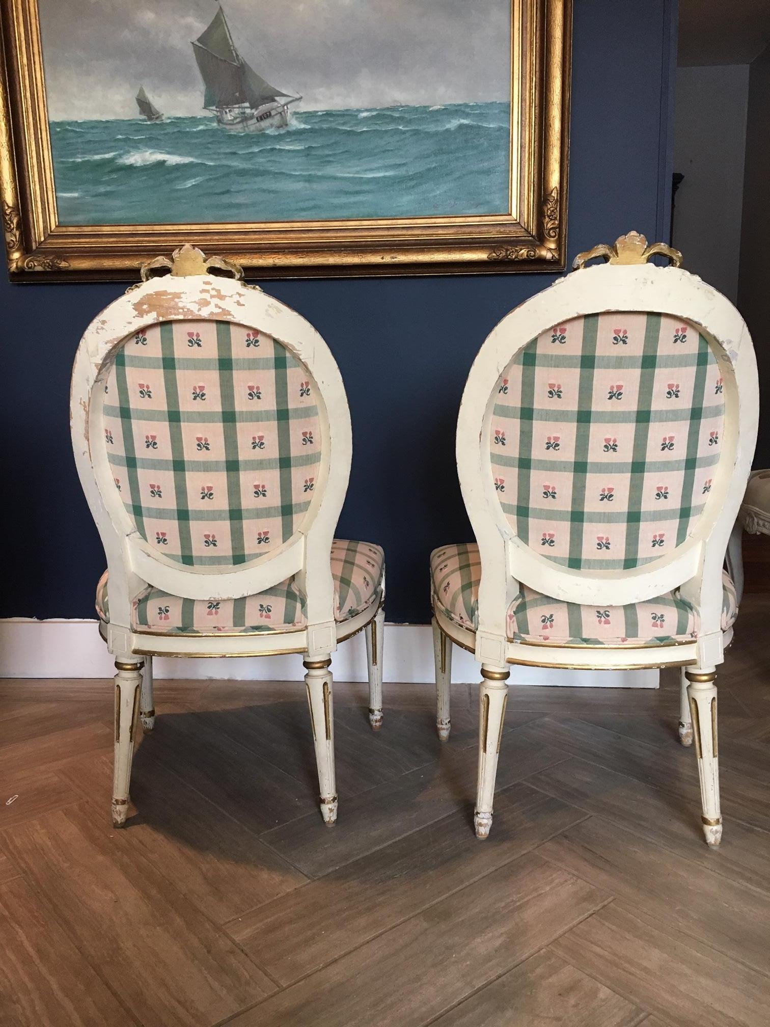 Carved Pair Swedish 19th Century Gustavian style Parcel Gilt Side Chairs For Sale