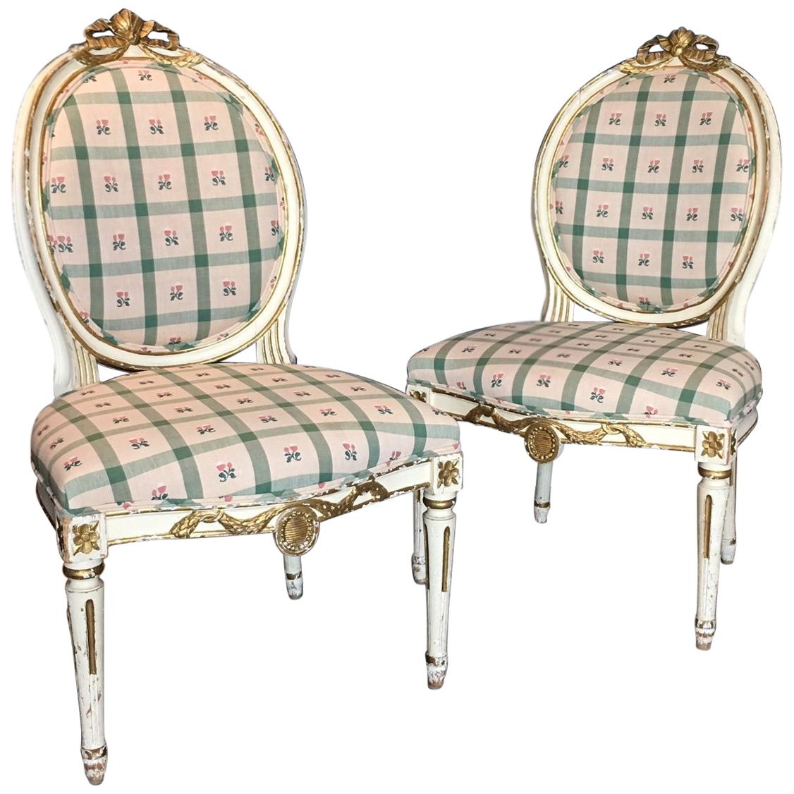 Pair Swedish 19th Century Gustavian style Parcel Gilt Side Chairs For Sale