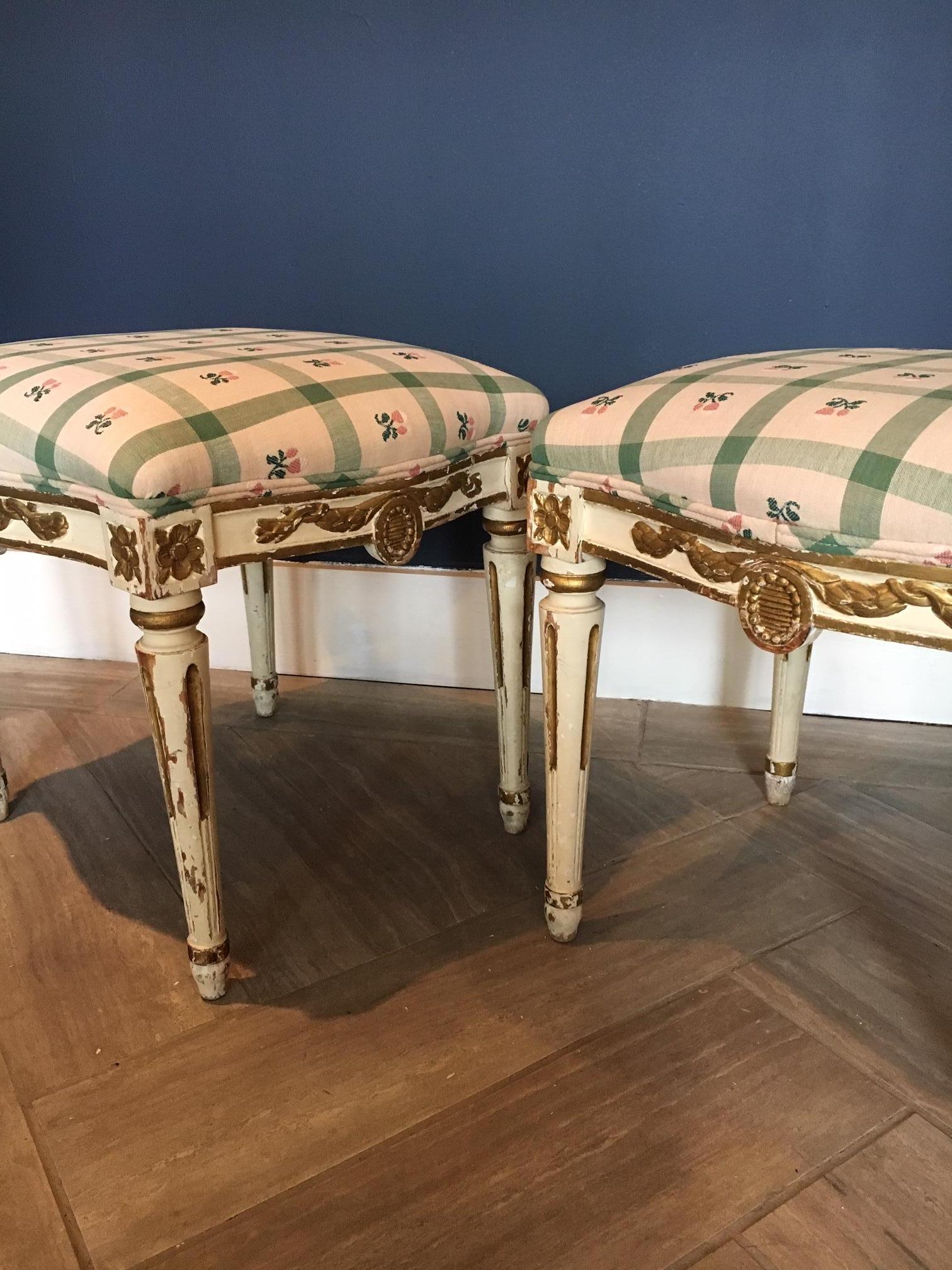 Wood Pair of Swedish 19th Century Gustavian Style Parcel Gilt Stools For Sale