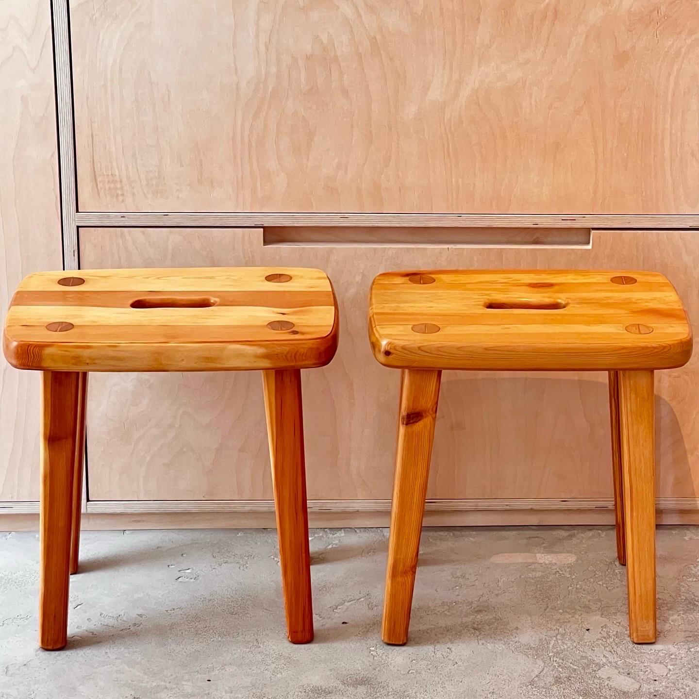 Hand-Carved Pair Swedish Brutalist pine stools, 1950s, Handmade fine quality refinished For Sale