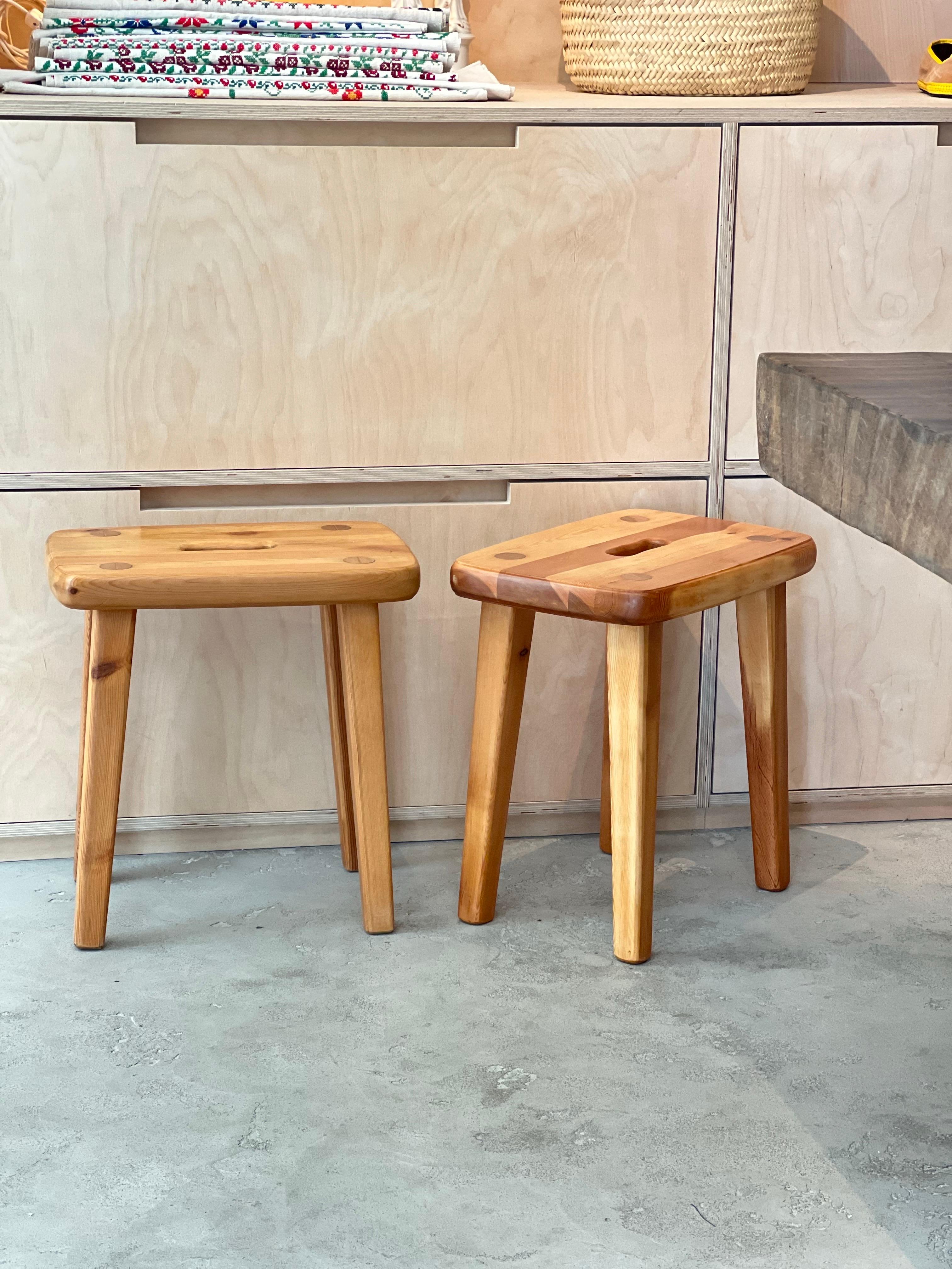 Pair Swedish Brutalist pine stools, 1950s, Handmade fine quality refinished For Sale 1