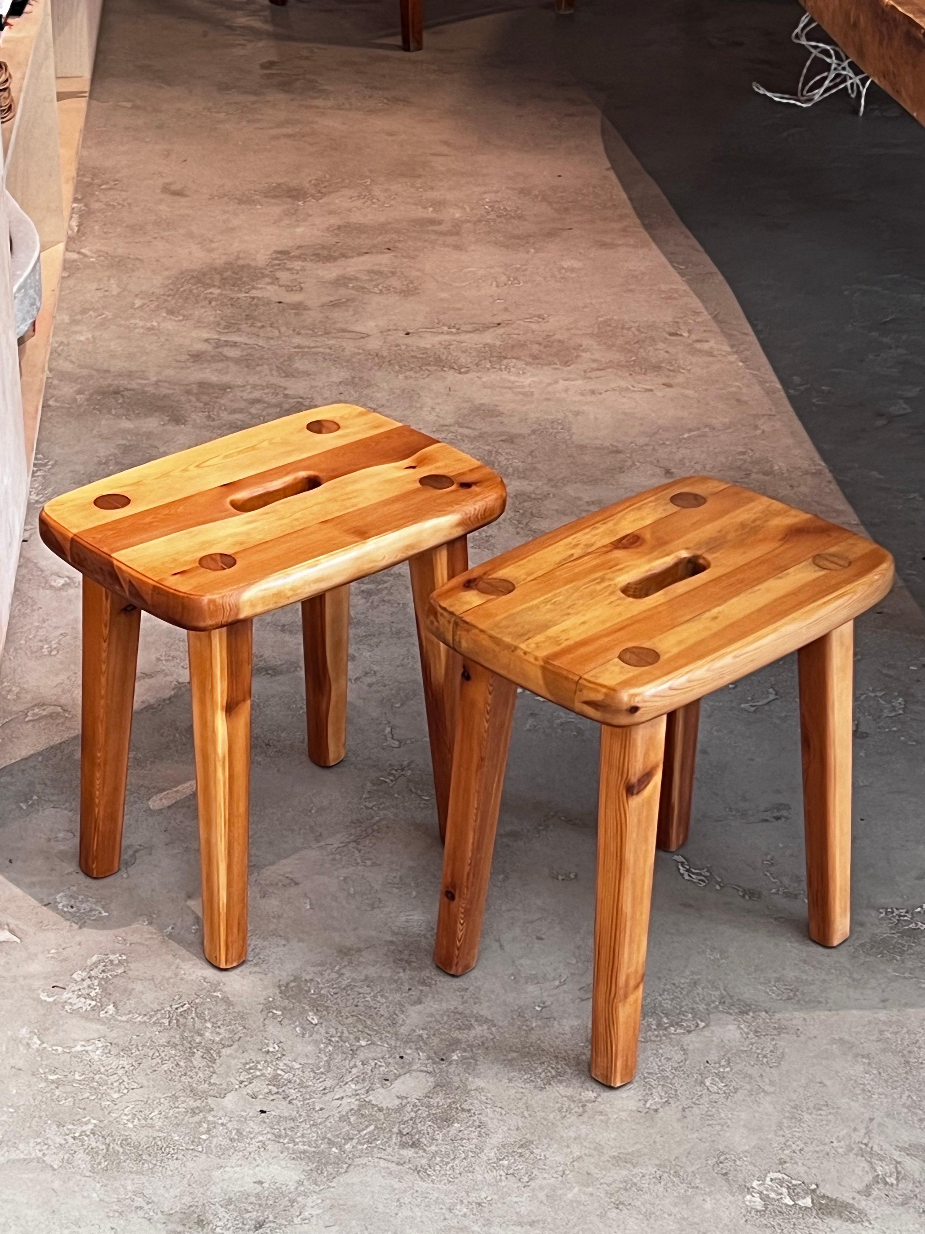 Pair Swedish Brutalist pine stools, 1950s, Handmade fine quality refinished For Sale 2