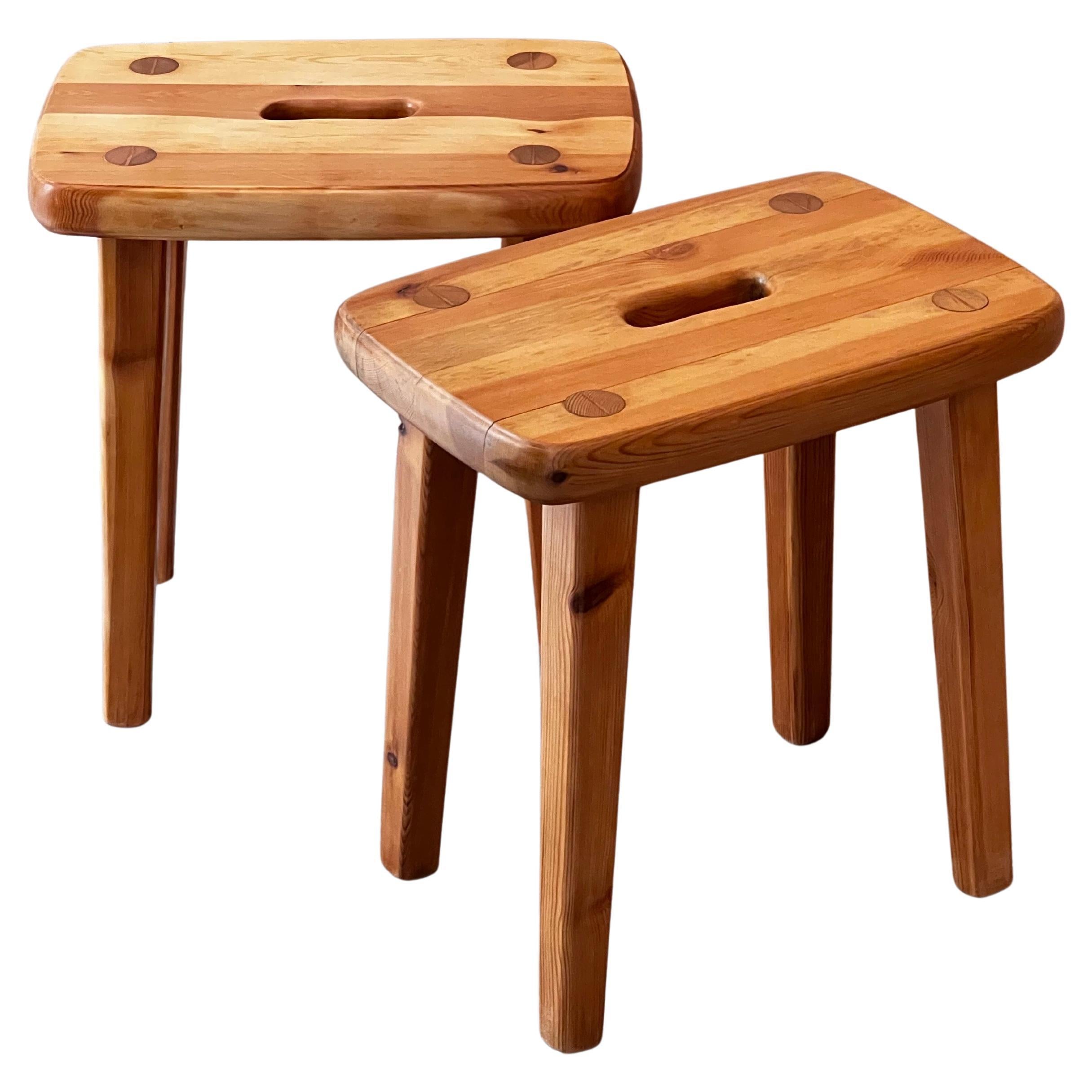 Pair Swedish Brutalist pine stools, 1950s, Handmade fine quality refinished