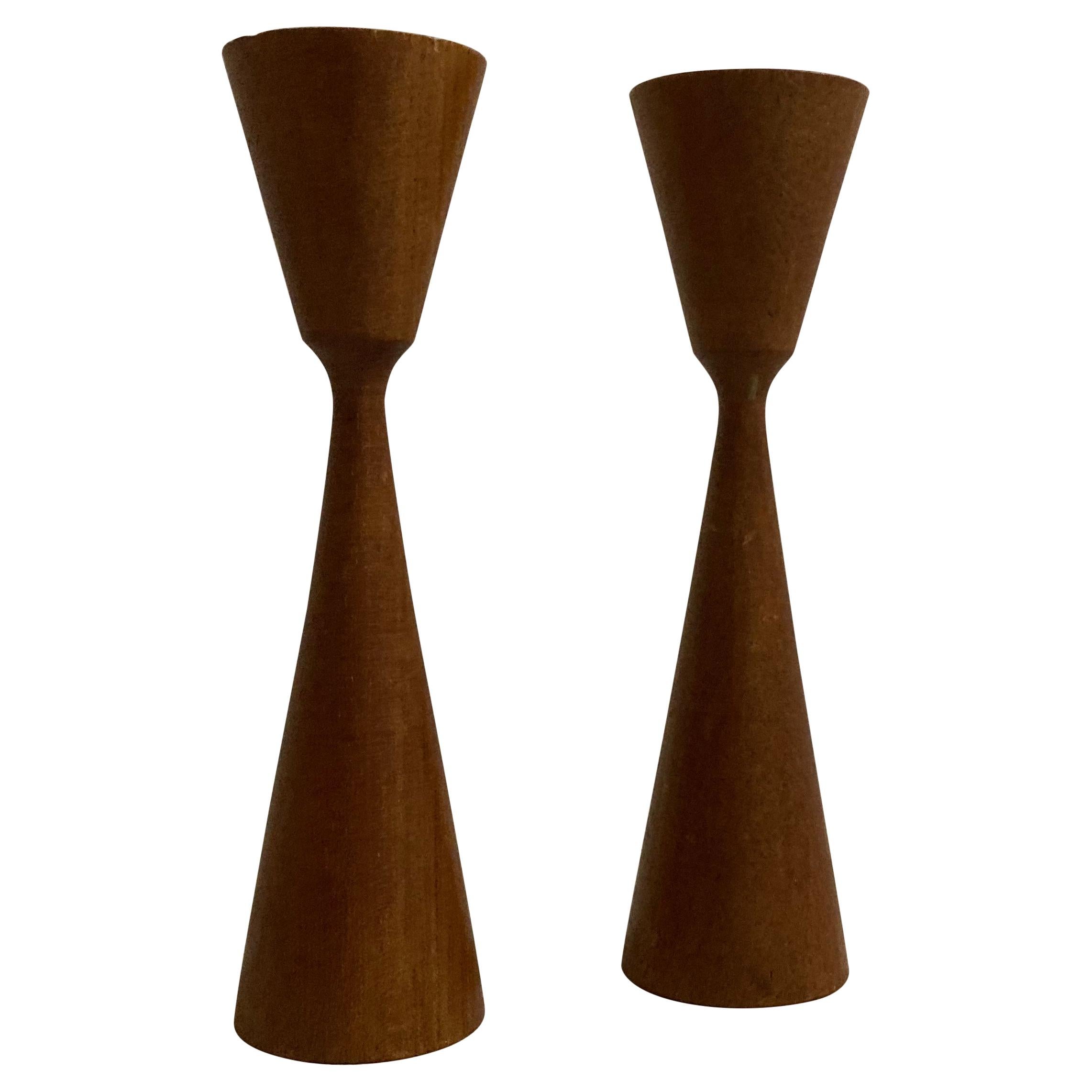 Pair Swedish Designer Modern Teak Wood Candlesticks