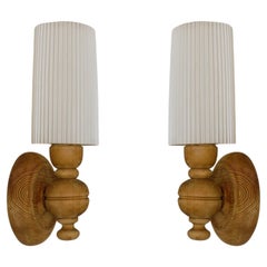 Pair Swedish Designer Pine Wall Sconces with Pleated Shades, Sweden, 1950s