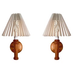 Pair Swedish Designer Pine Wall Sconces with Pleated Shades, Sweden, 1950s