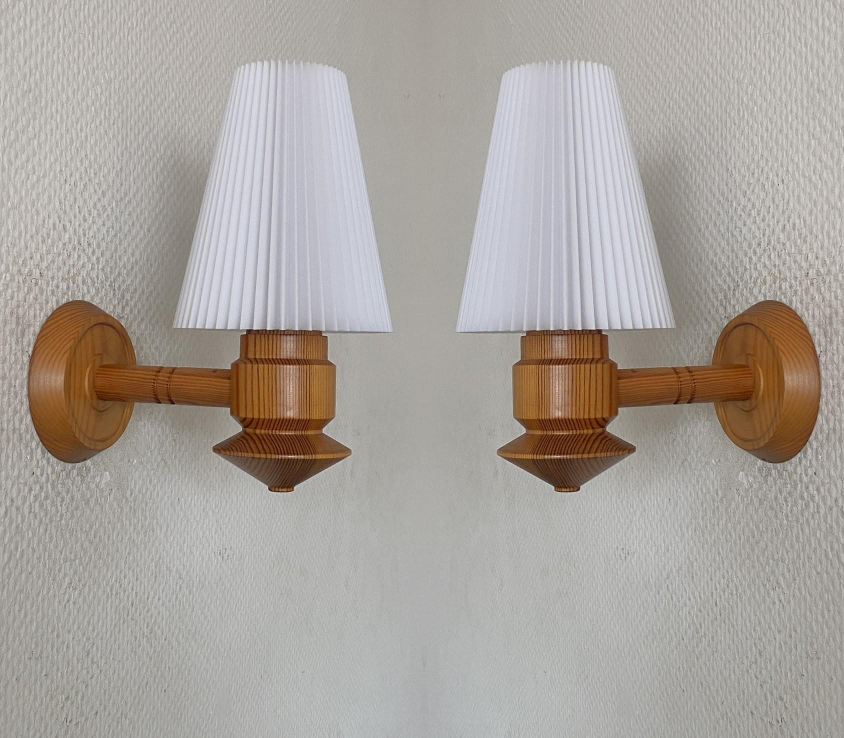 Scandinavian Modern Pair Swedish Designer Pine Wall Sconces with Pleated Shades, Sweden, 1970s