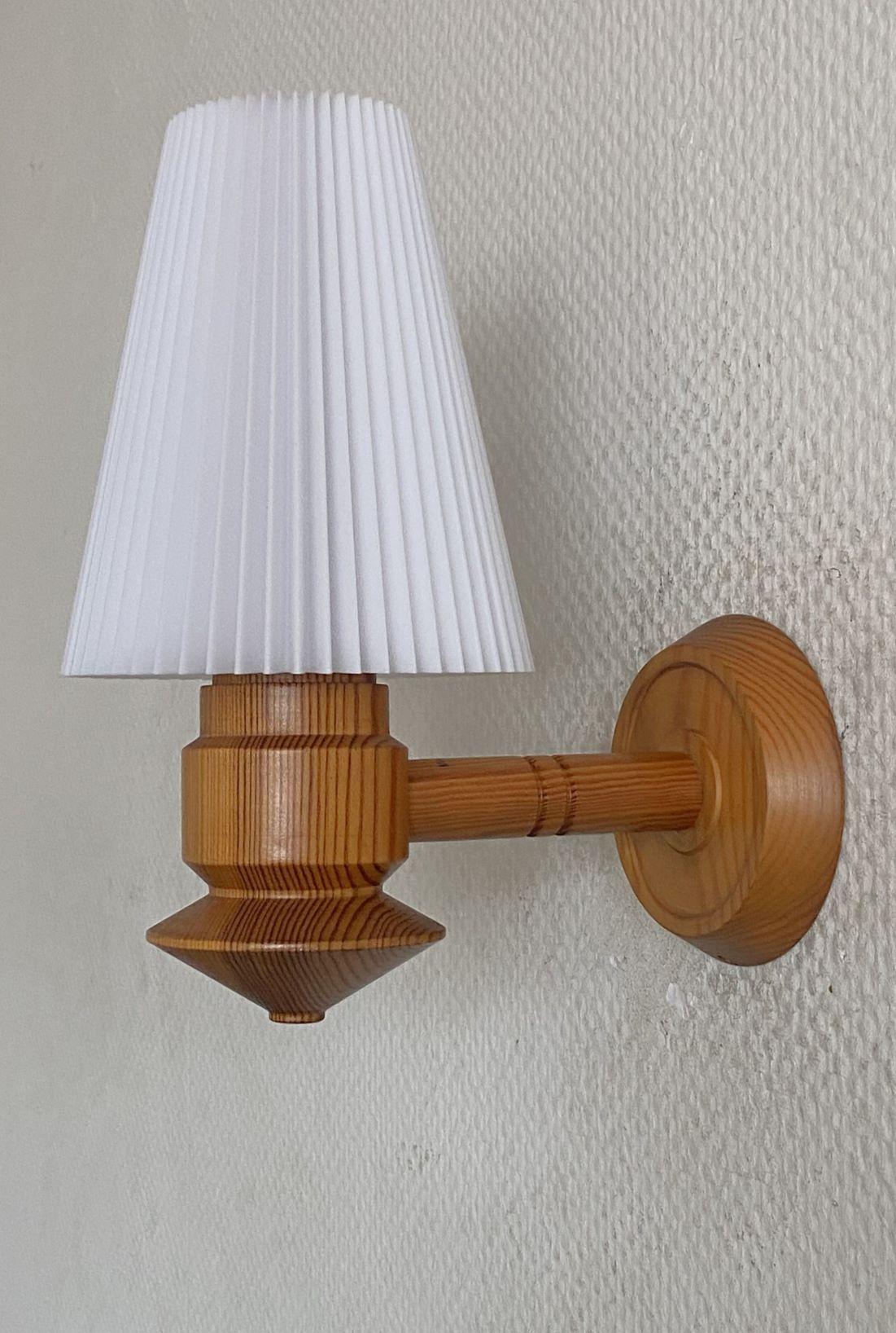 Hand-Carved Pair Swedish Designer Pine Wall Sconces with Pleated Shades, Sweden, 1970s