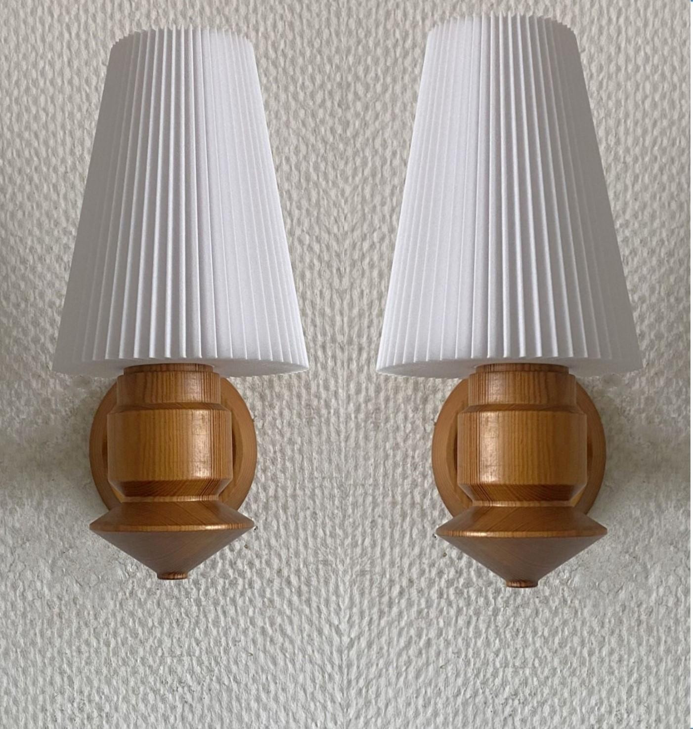 20th Century Pair Swedish Designer Pine Wall Sconces with Pleated Shades, Sweden, 1970s