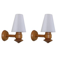 Pair Swedish Designer Pine Wall Sconces with Pleated Shades, Sweden, 1970s