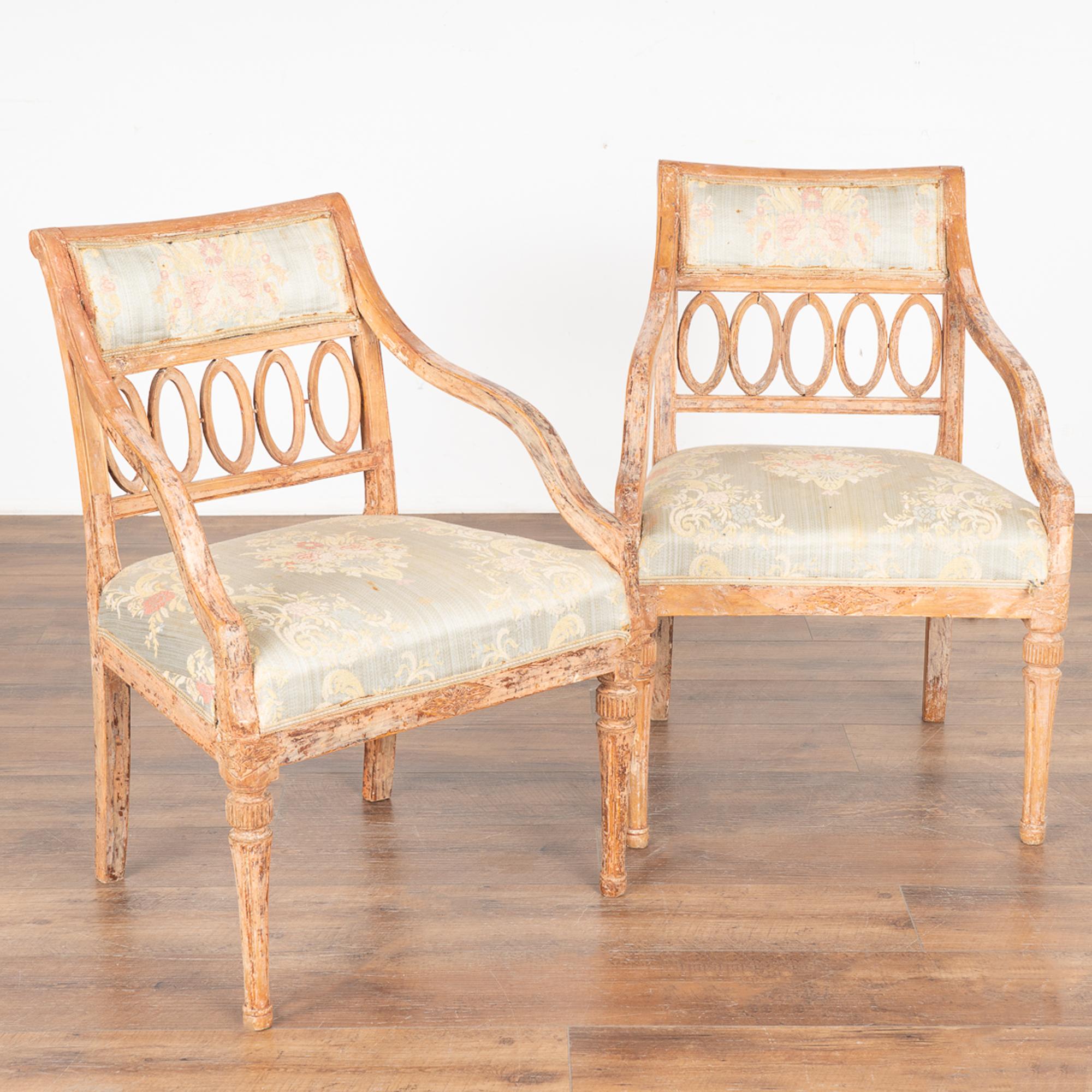 These gustavian armchairs have graceful sloping arms and an attractive open back.
The  lovely original painted finish has been lightly scraped creating a gentle contrast with the hardwood beneath.
Please examine photos closely to appreciate the