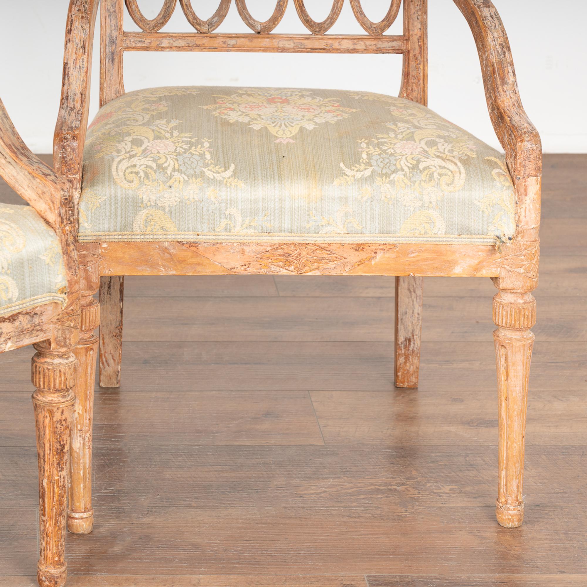 Upholstery Pair, Swedish Gustavian Arm Chairs, circa 1840