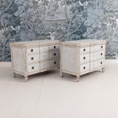 Pair Swedish Gustavian Breakfront Commodes in Original Gray Paint, 19th c.