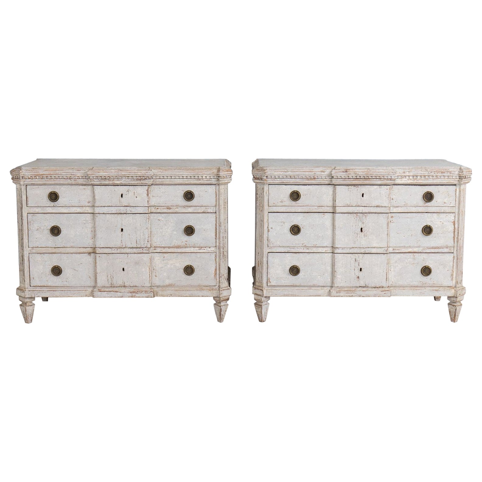 Pair Swedish Gustavian Breakfront Commodes in Original Gray Paint, 19th c.