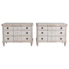Pair Swedish Gustavian Breakfront Commodes in Original Gray Paint, 19th c.