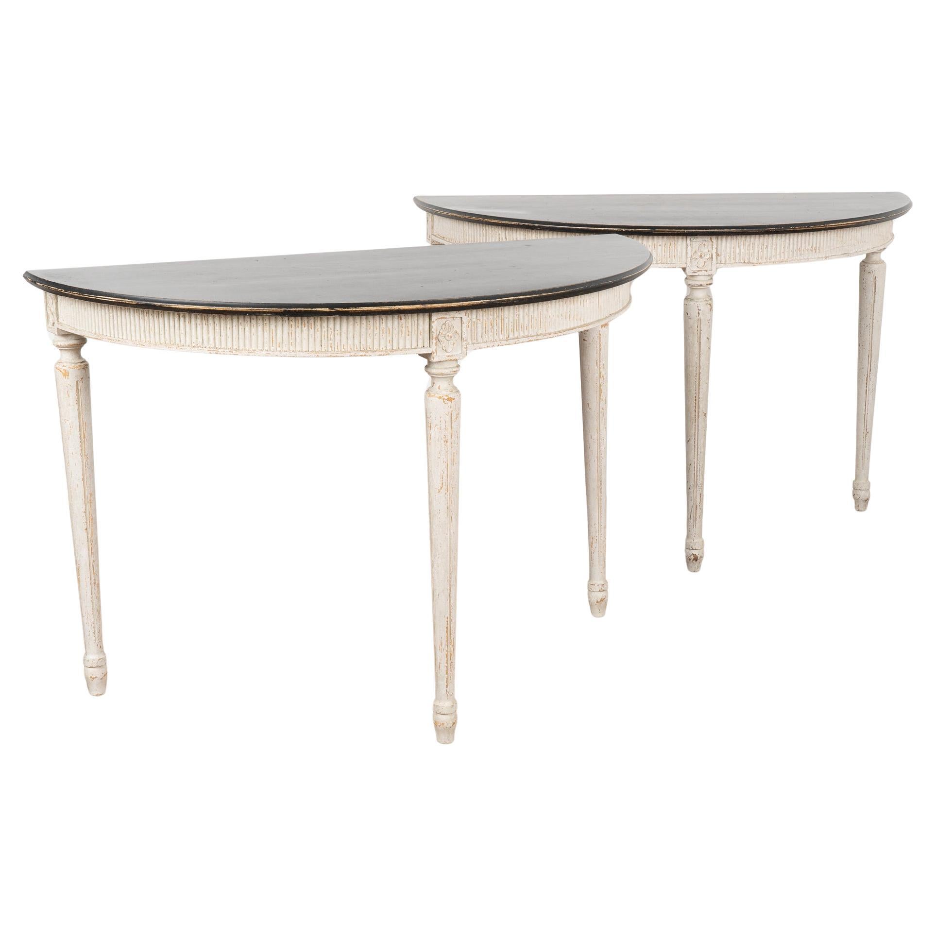 Pair Swedish Gustavian Demilune White & Black Side Tables Consoles circa 1870-90 For Sale