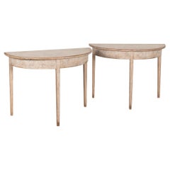 Pair Swedish Gustavian Painted Pine Demi Lune Side Console Tables, circa 1820-40
