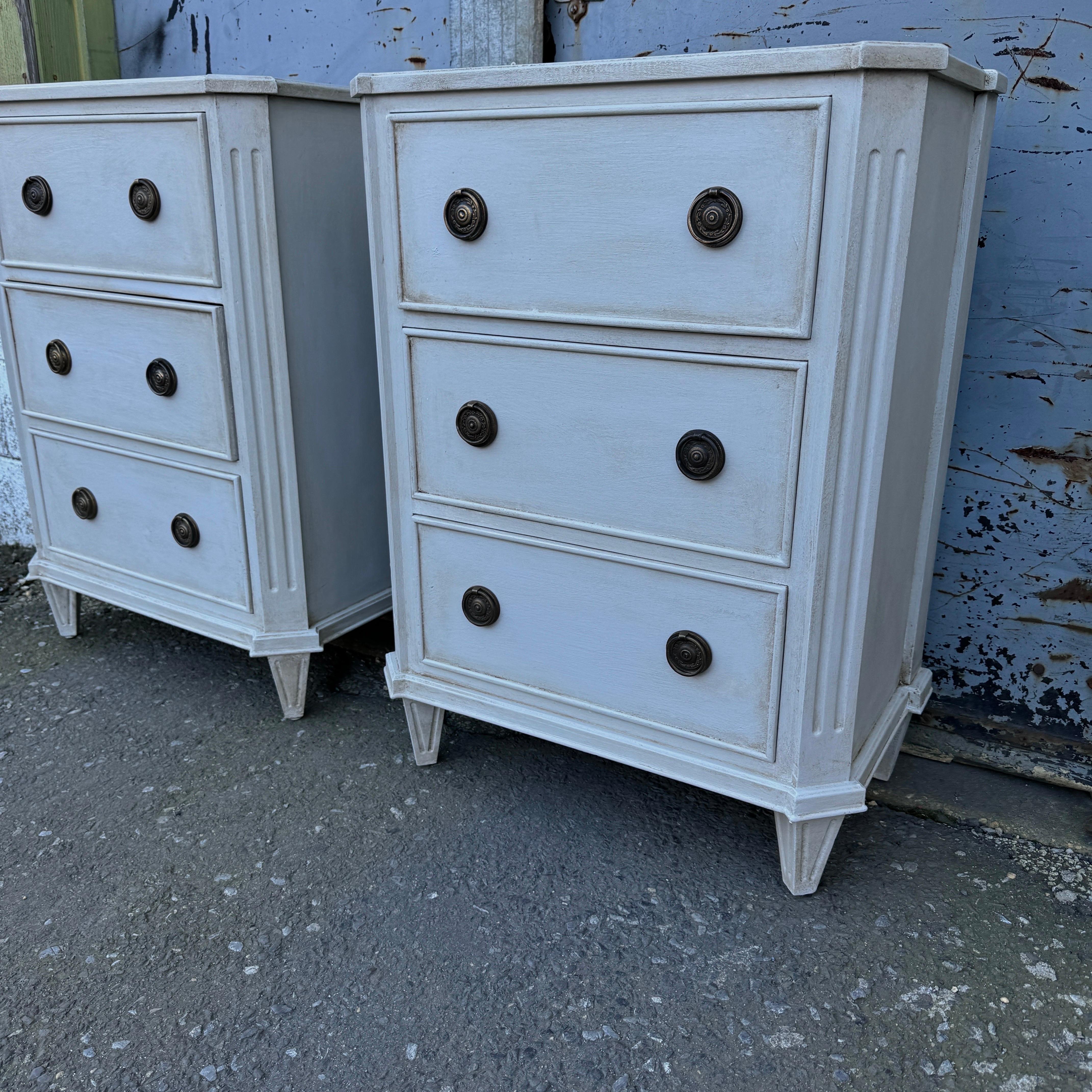 Contemporary Pair Swedish Gustavian Style Painted 3 Drawer Chests Nightstands For Sale