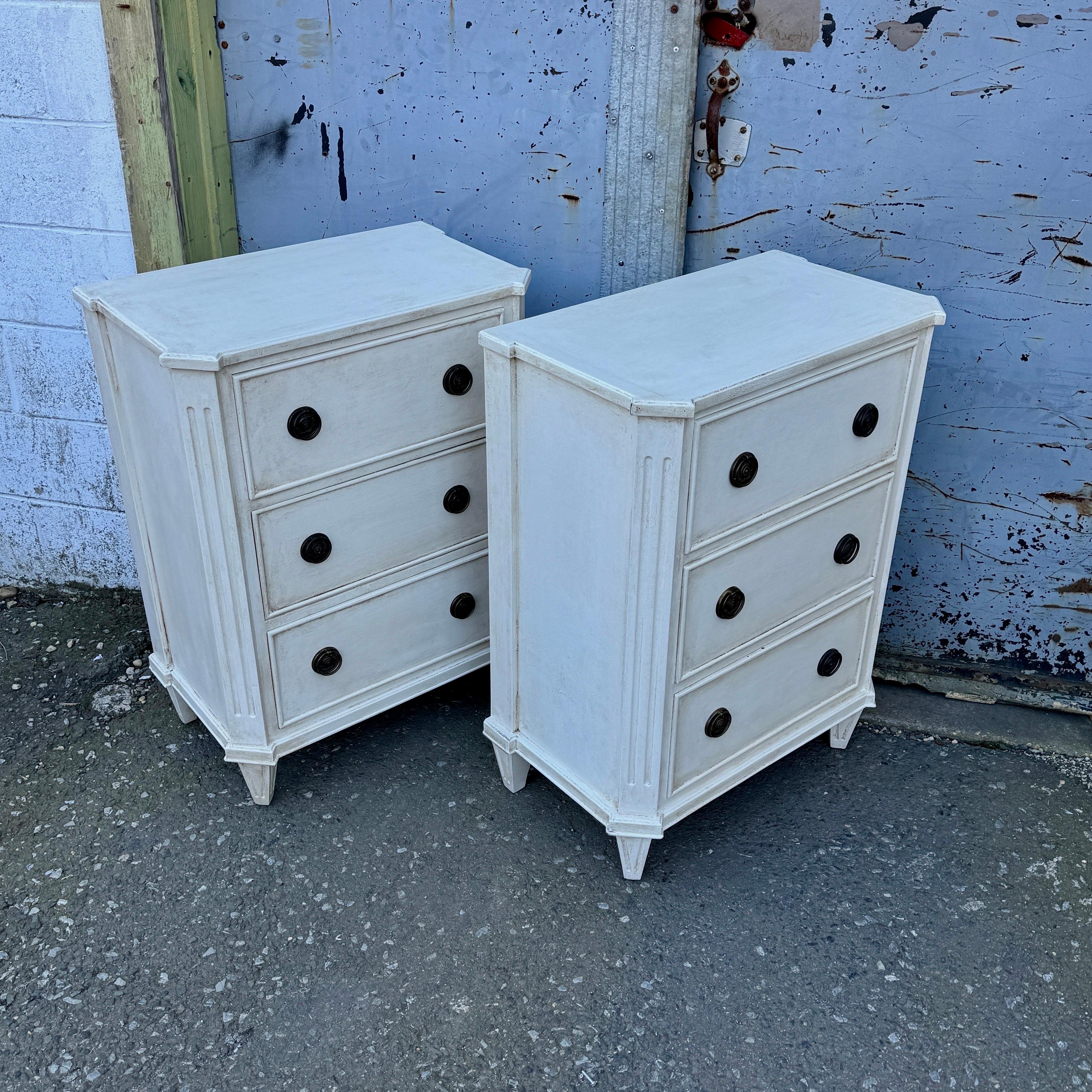 Brass Pair Swedish Gustavian Style Painted 3 Drawer Chests Nightstands For Sale