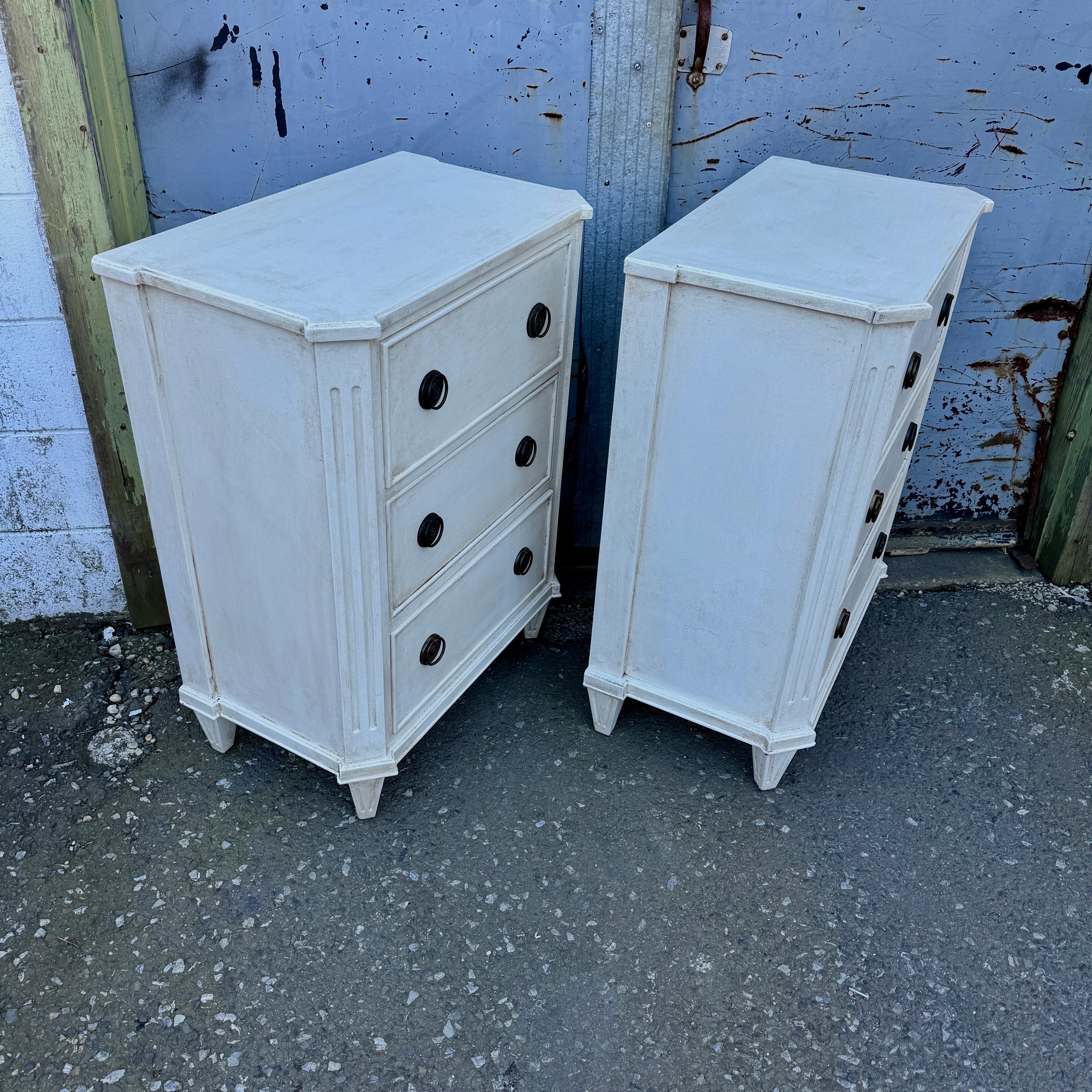 Pair Swedish Gustavian Style Painted 3 Drawer Chests Nightstands For Sale 1