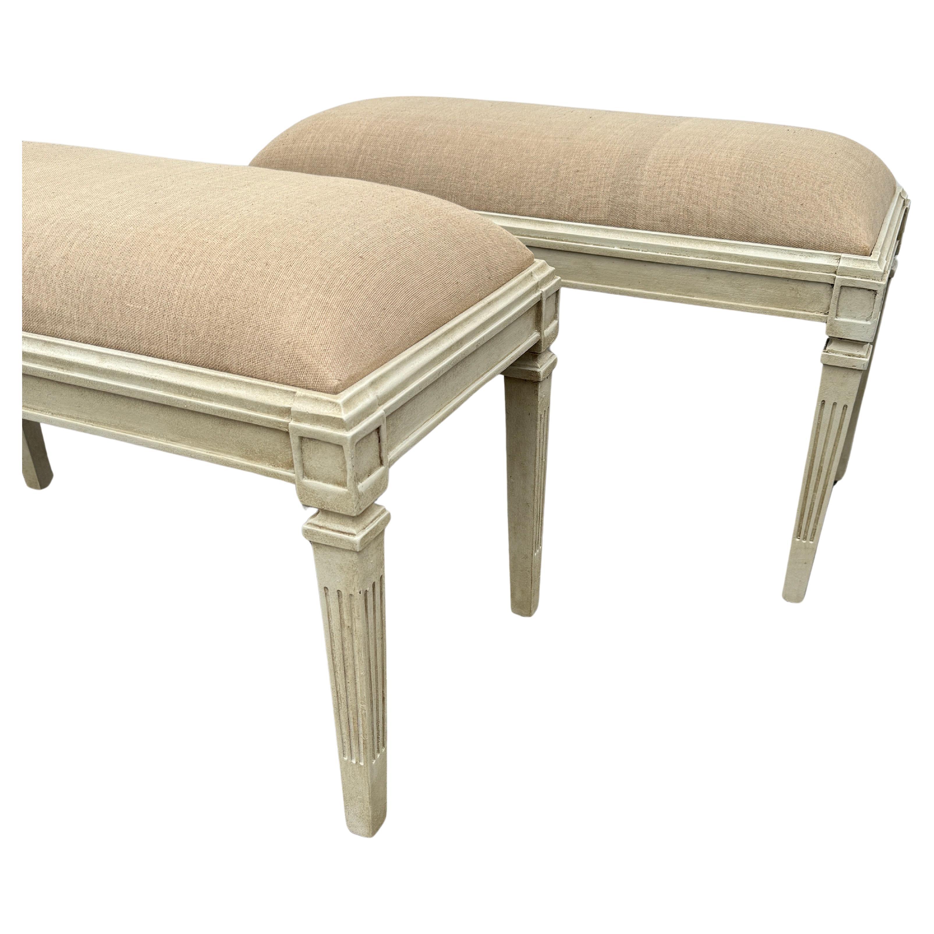 Pair Swedish Gustavian Style Painted Upholstered Benches In Good Condition For Sale In Haddonfield, NJ
