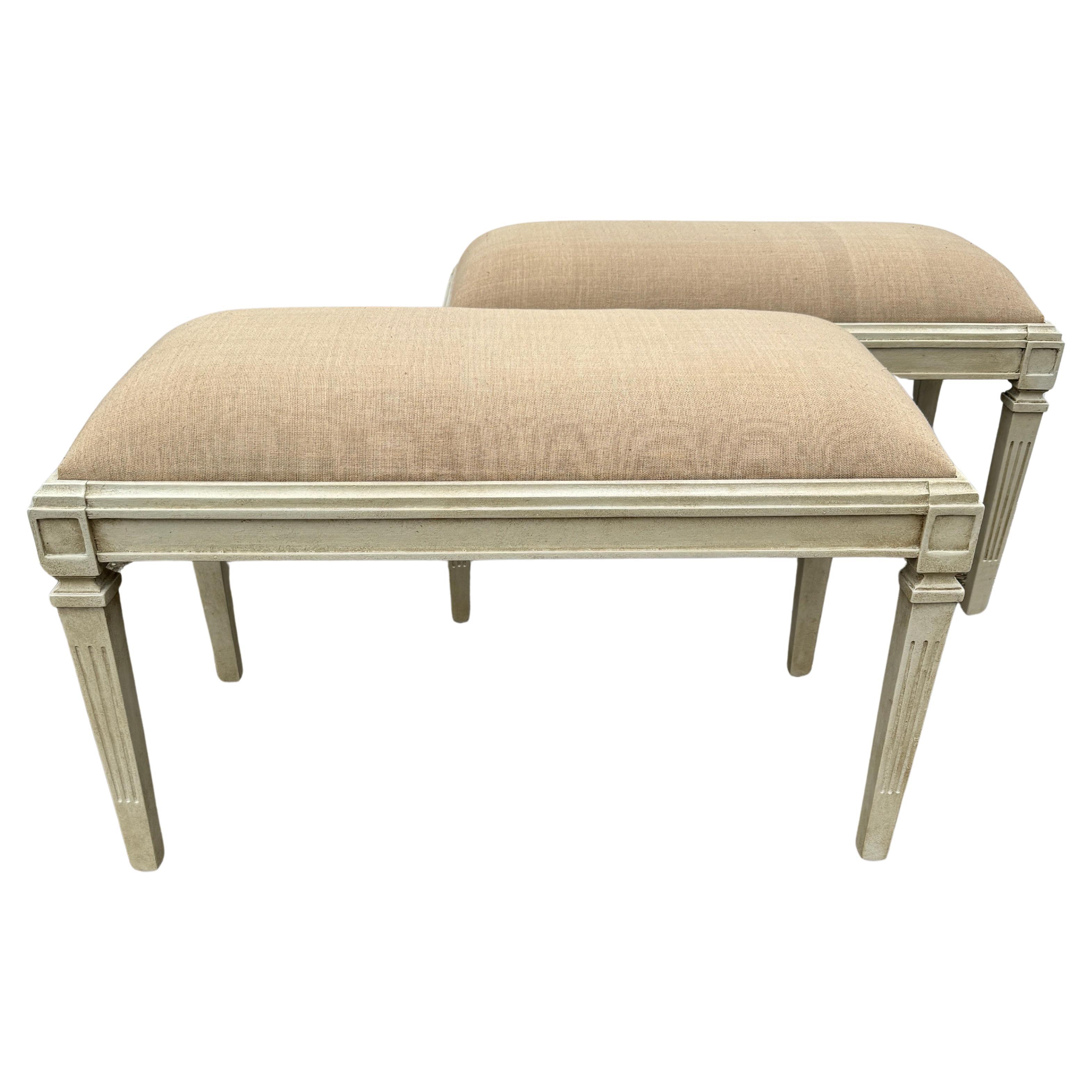Contemporary Pair Swedish Gustavian Style Painted Upholstered Benches For Sale