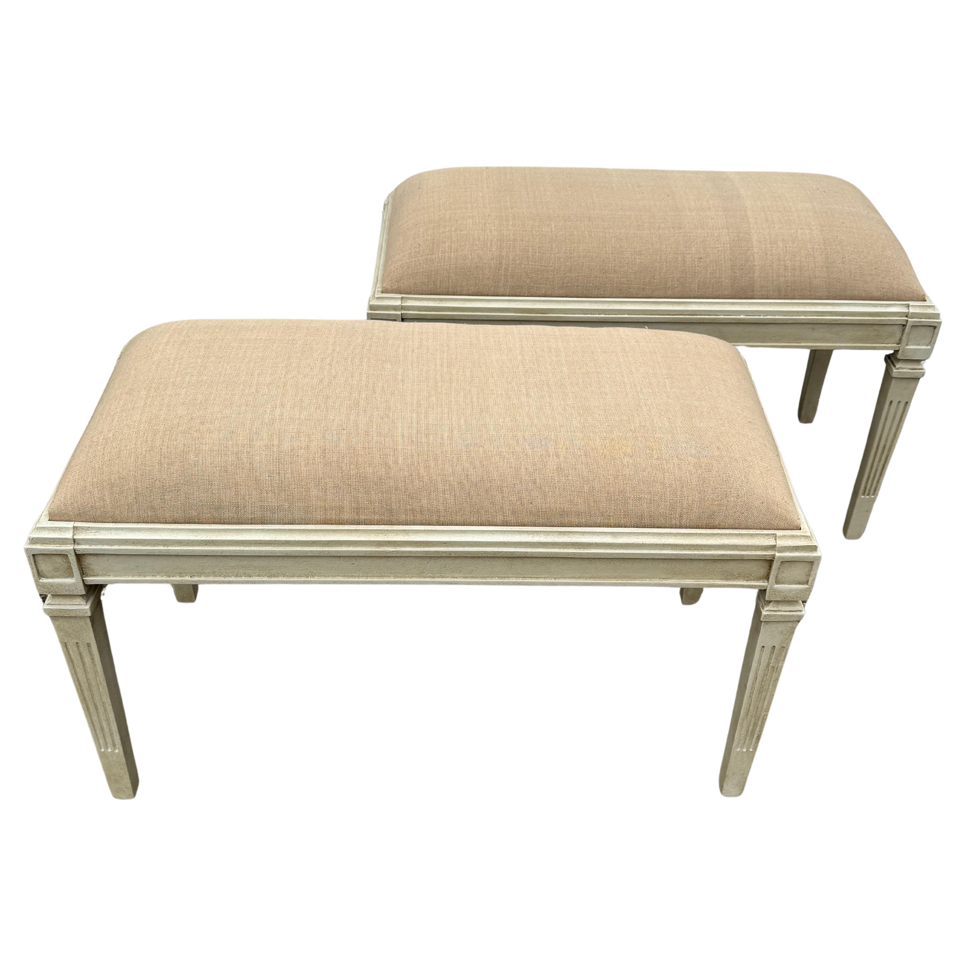 Wood Pair Swedish Gustavian Style Painted Upholstered Benches For Sale