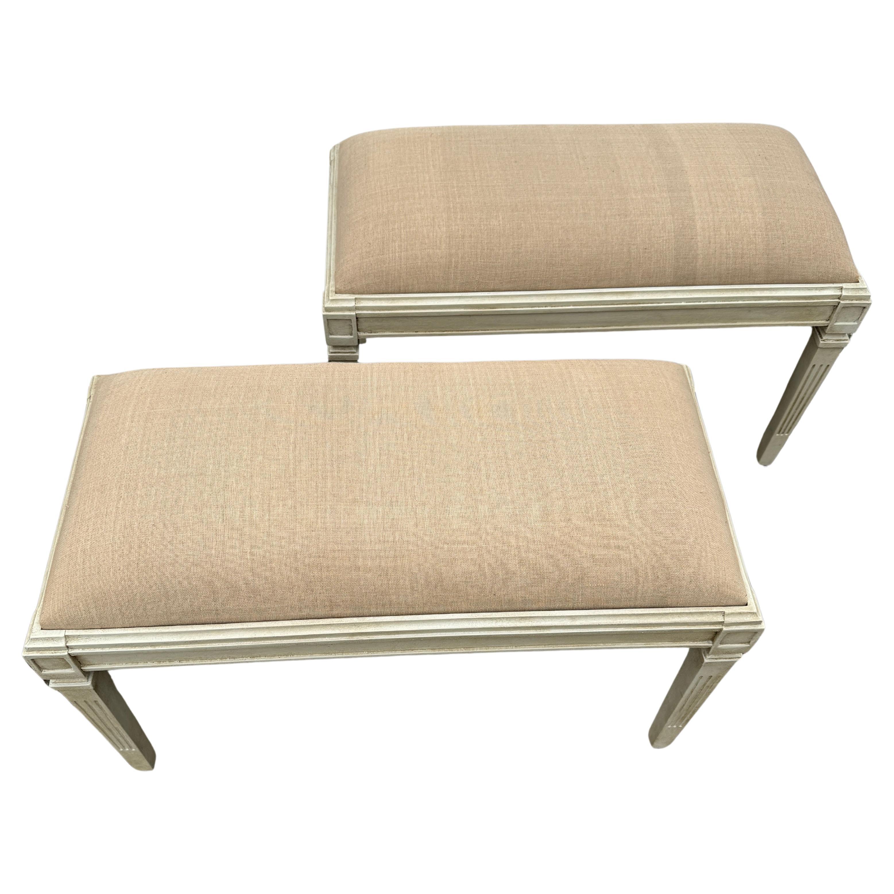 Pair Swedish Gustavian Style Painted Upholstered Benches For Sale 1