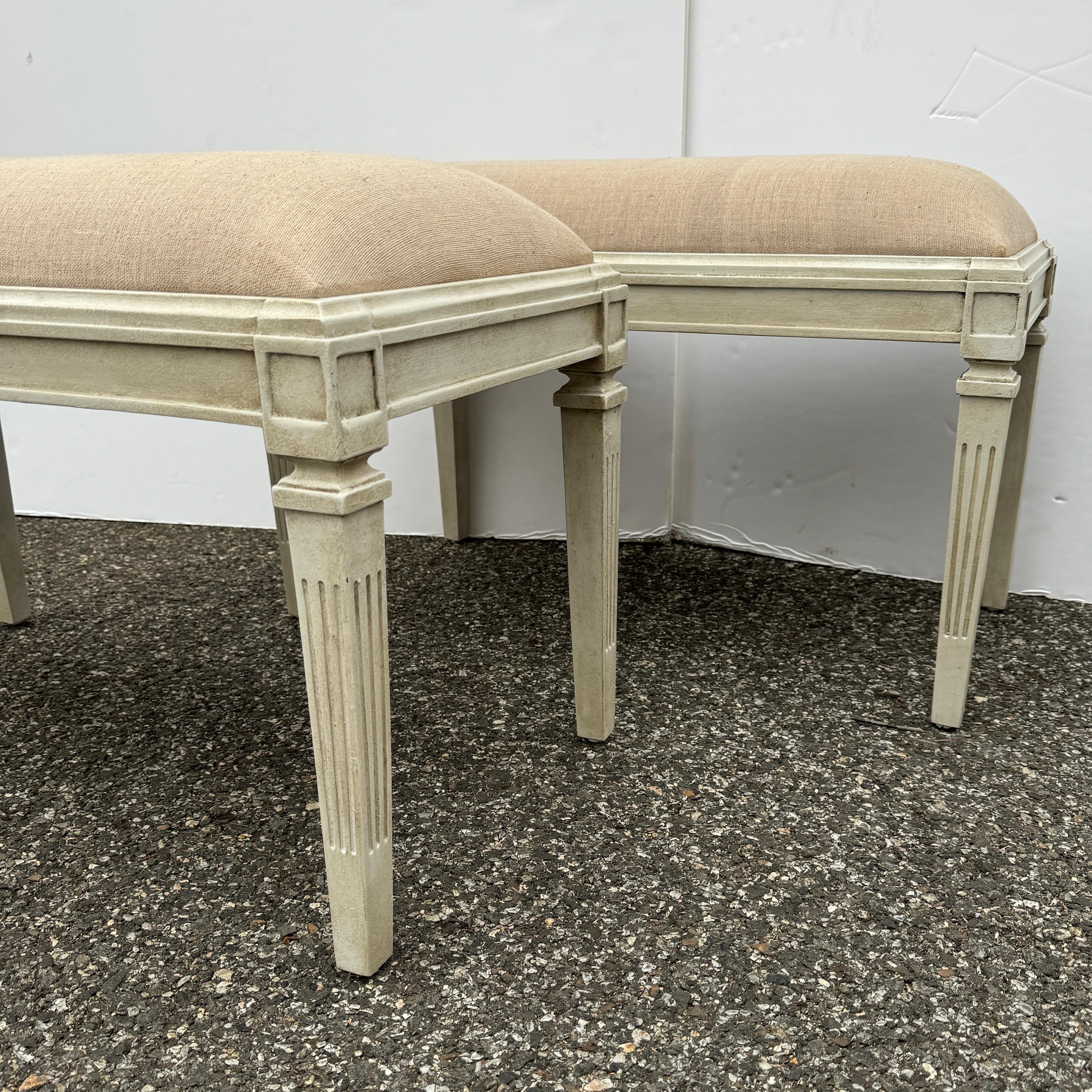 Pair Swedish Gustavian Style Painted Upholstered Benches For Sale 2