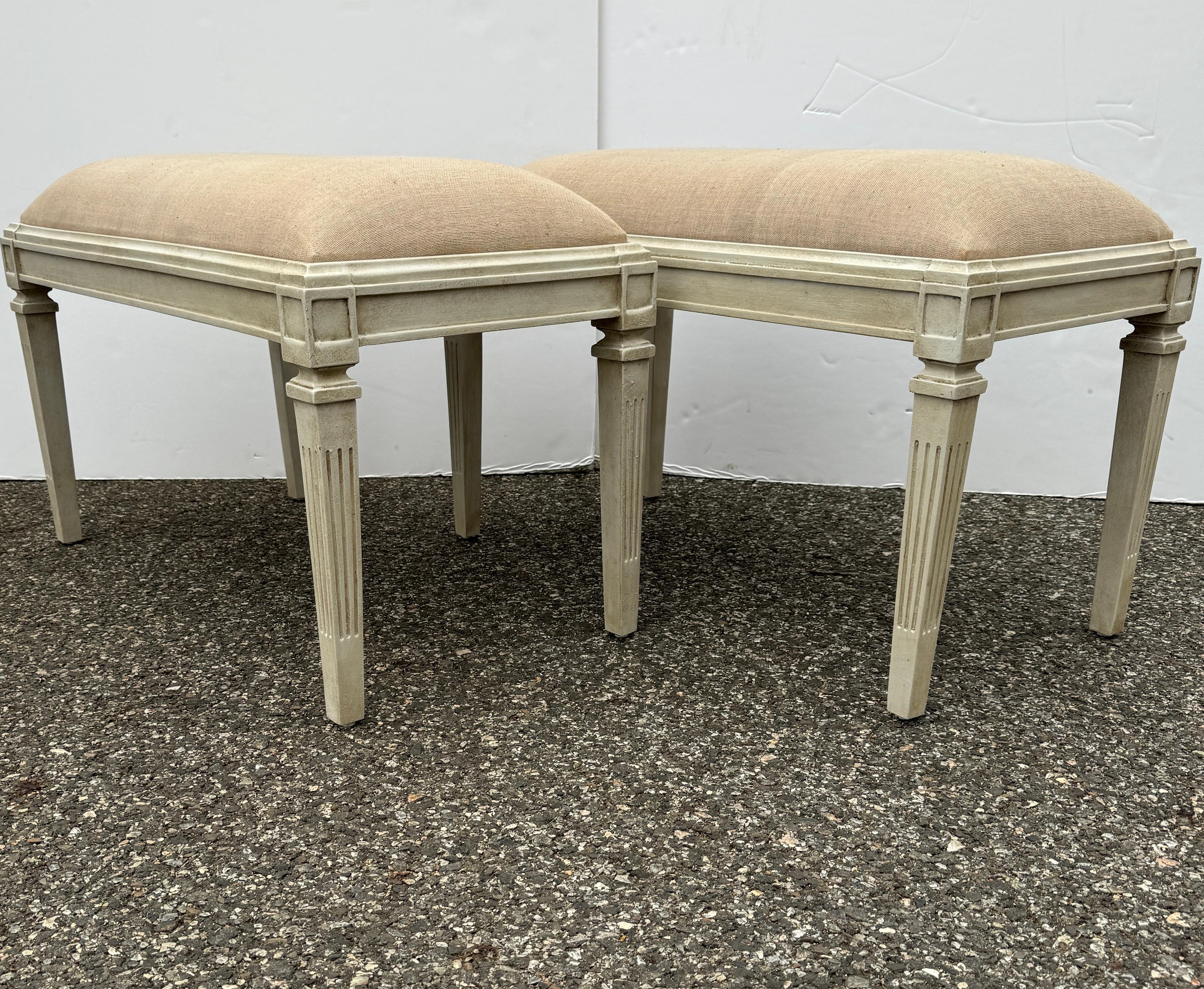 Pair Swedish Gustavian Style Painted Upholstered Benches For Sale 3