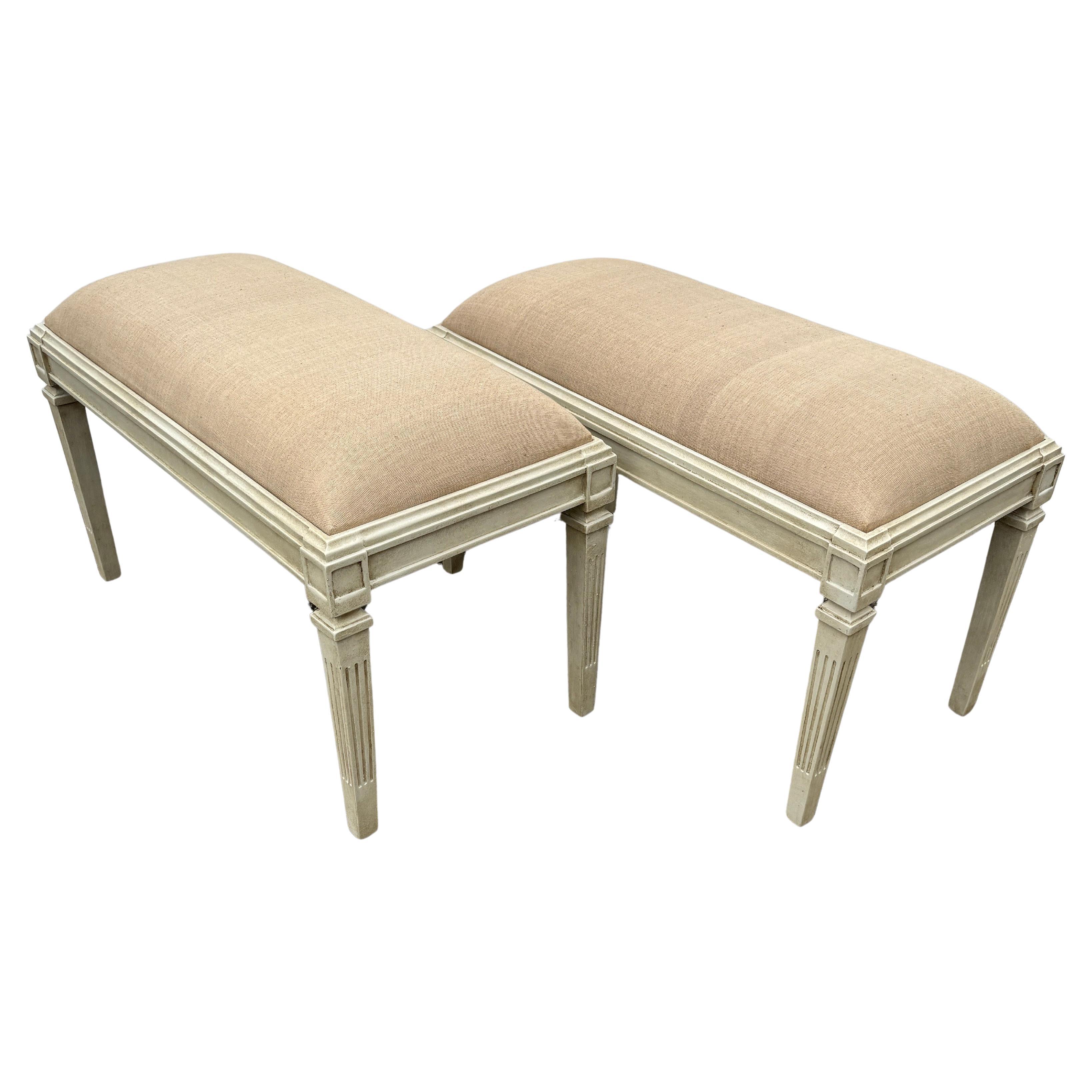 Pair Swedish Gustavian Style Painted Upholstered Benches