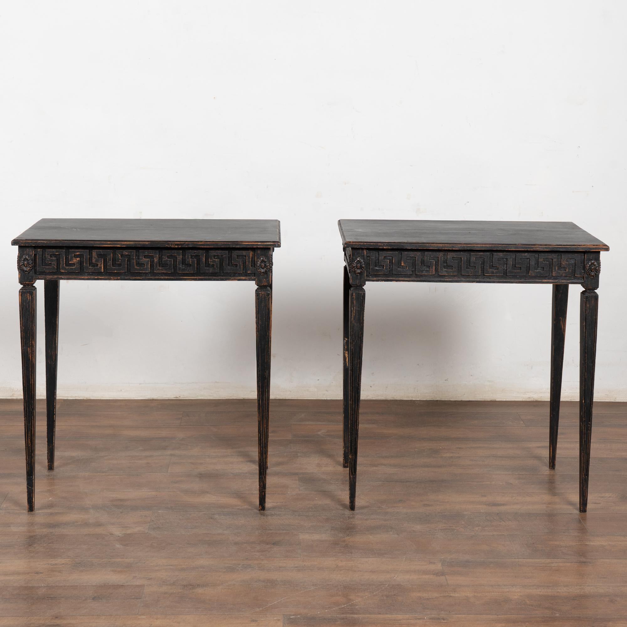 Pair, Swedish Gustavian Style Reproduction Black Side Tables In Good Condition For Sale In Round Top, TX