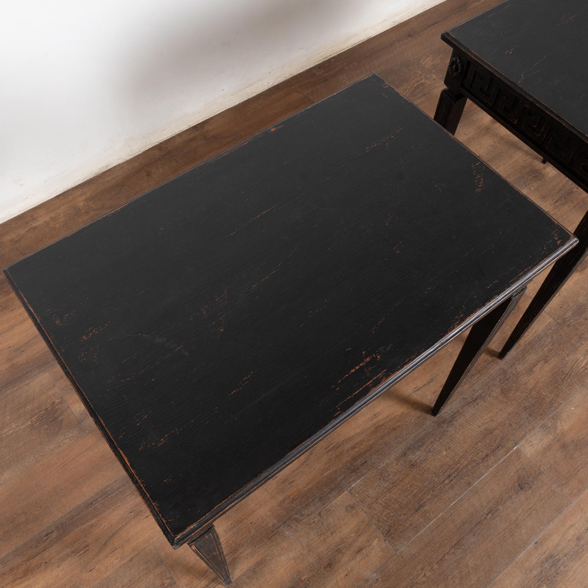 Contemporary Pair, Swedish Gustavian Style Reproduction Black Side Tables For Sale