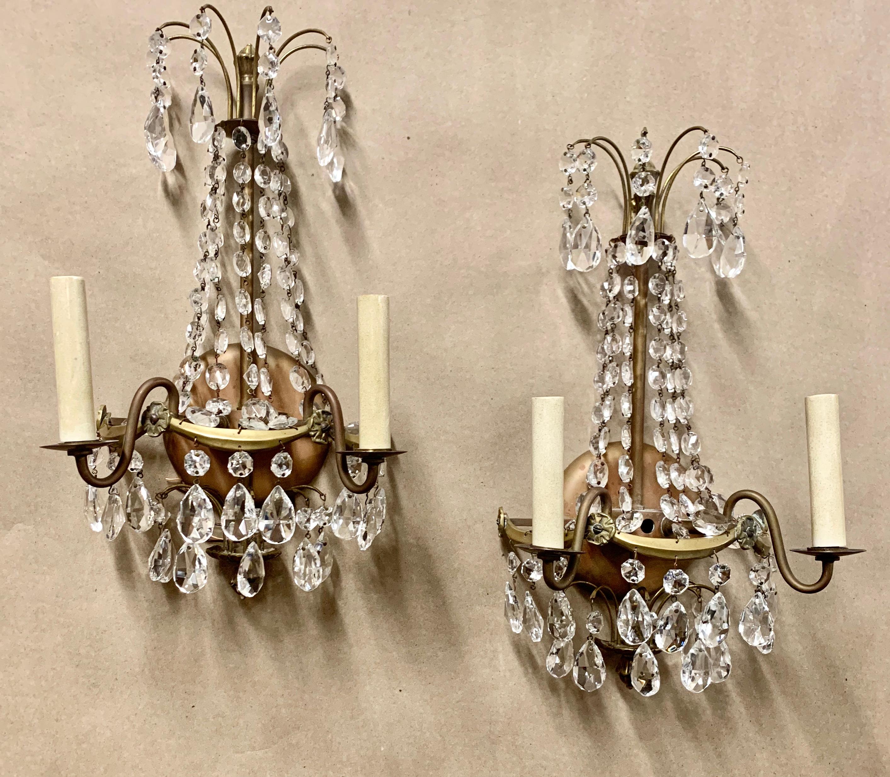 Two Light Swedish Gustavian Sconces in Crystal & Bronze, A Pair In Good Condition For Sale In West Palm Beach, FL