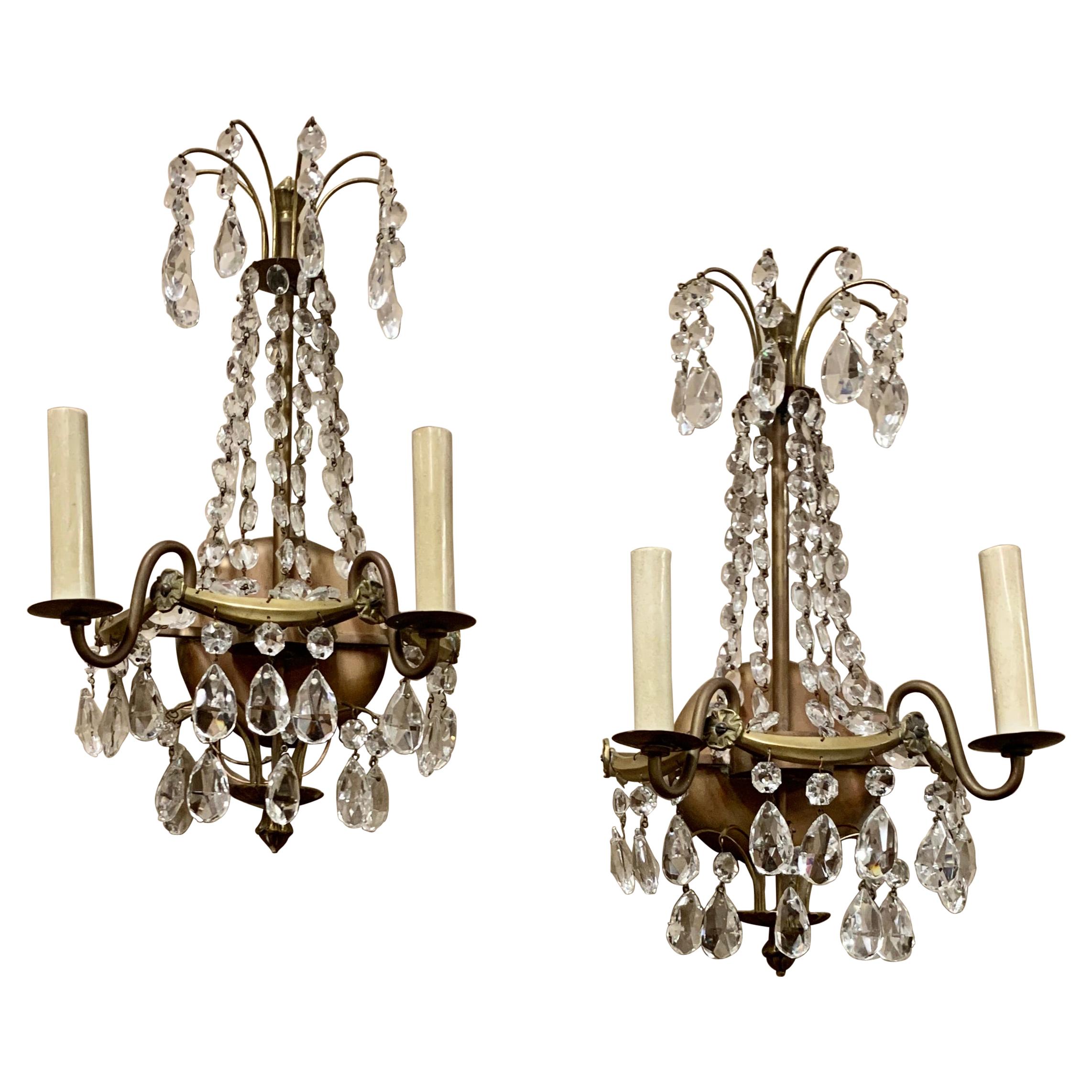 Two Light Swedish Gustavian Sconces in Crystal & Bronze, A Pair For Sale