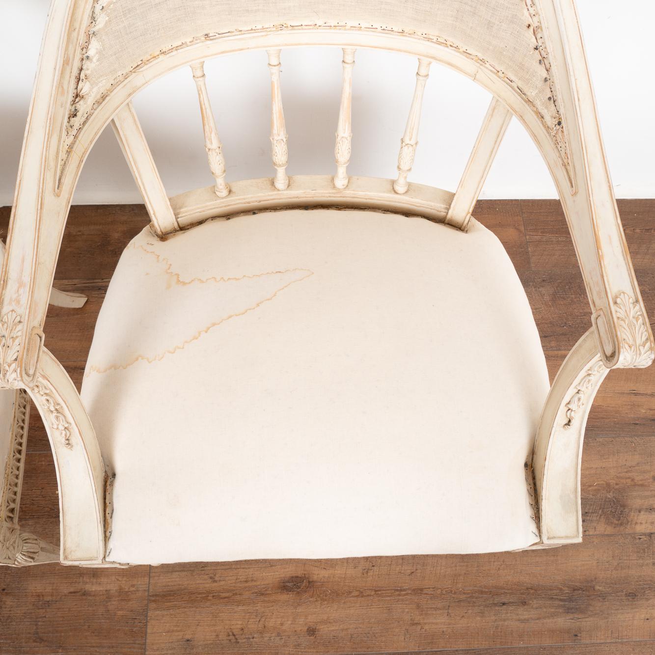 Pair, Swedish Gustavian White Arm Chairs circa 1860-80 In Good Condition In Round Top, TX