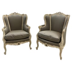 Pair Swedish Louis XV Style Carved Painted Bergere Chairs 1950s