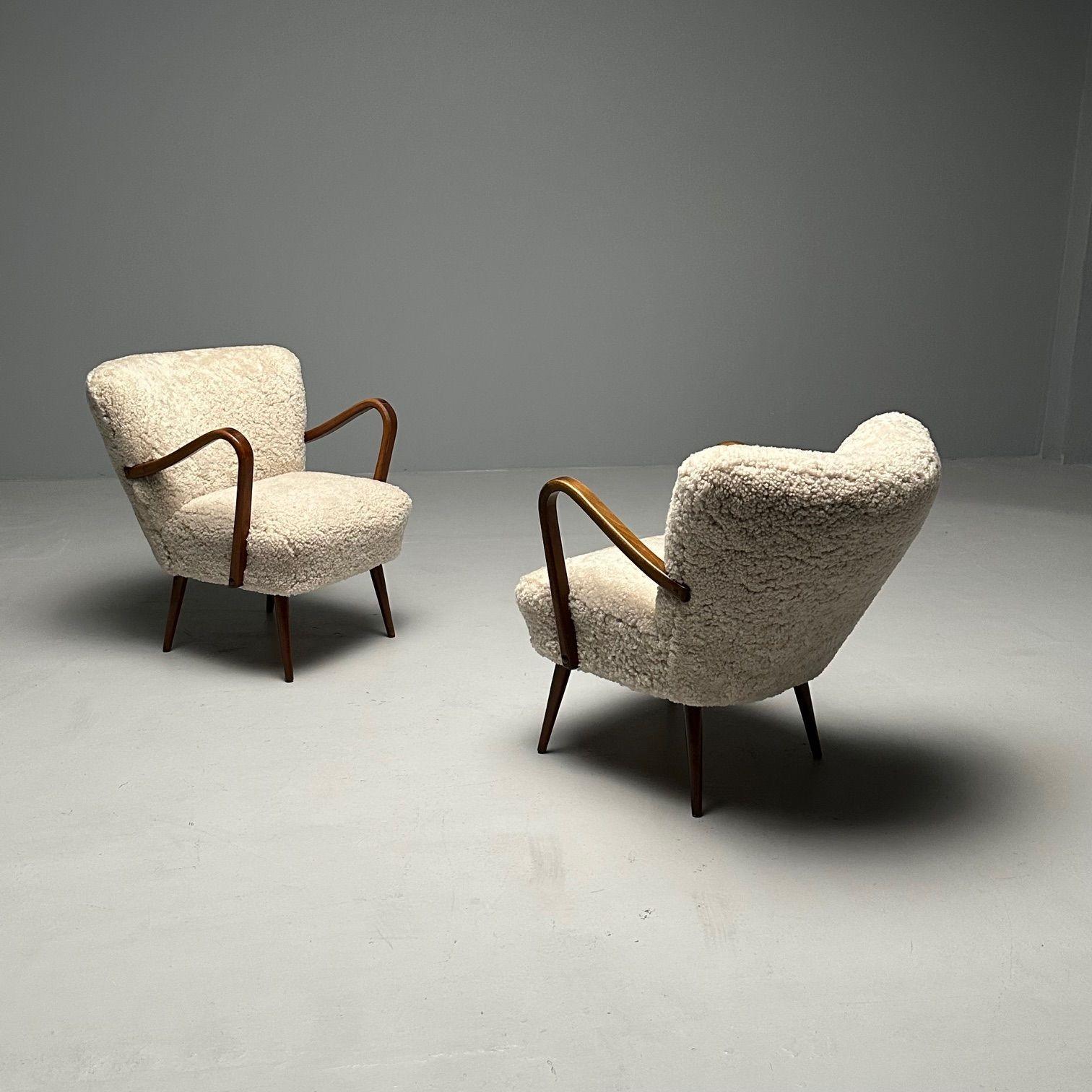 Swedish Designer, Mid-Century Modern, Beige Sheepskin Lounge Chairs, Beech, 1950 6