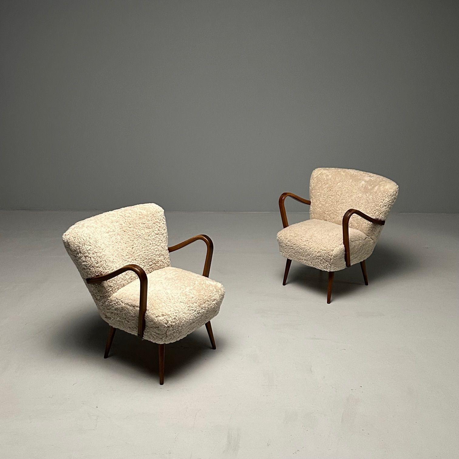 Swedish Designer, Mid-Century Modern, Beige Sheepskin Lounge Chairs, Beech, 1950 9