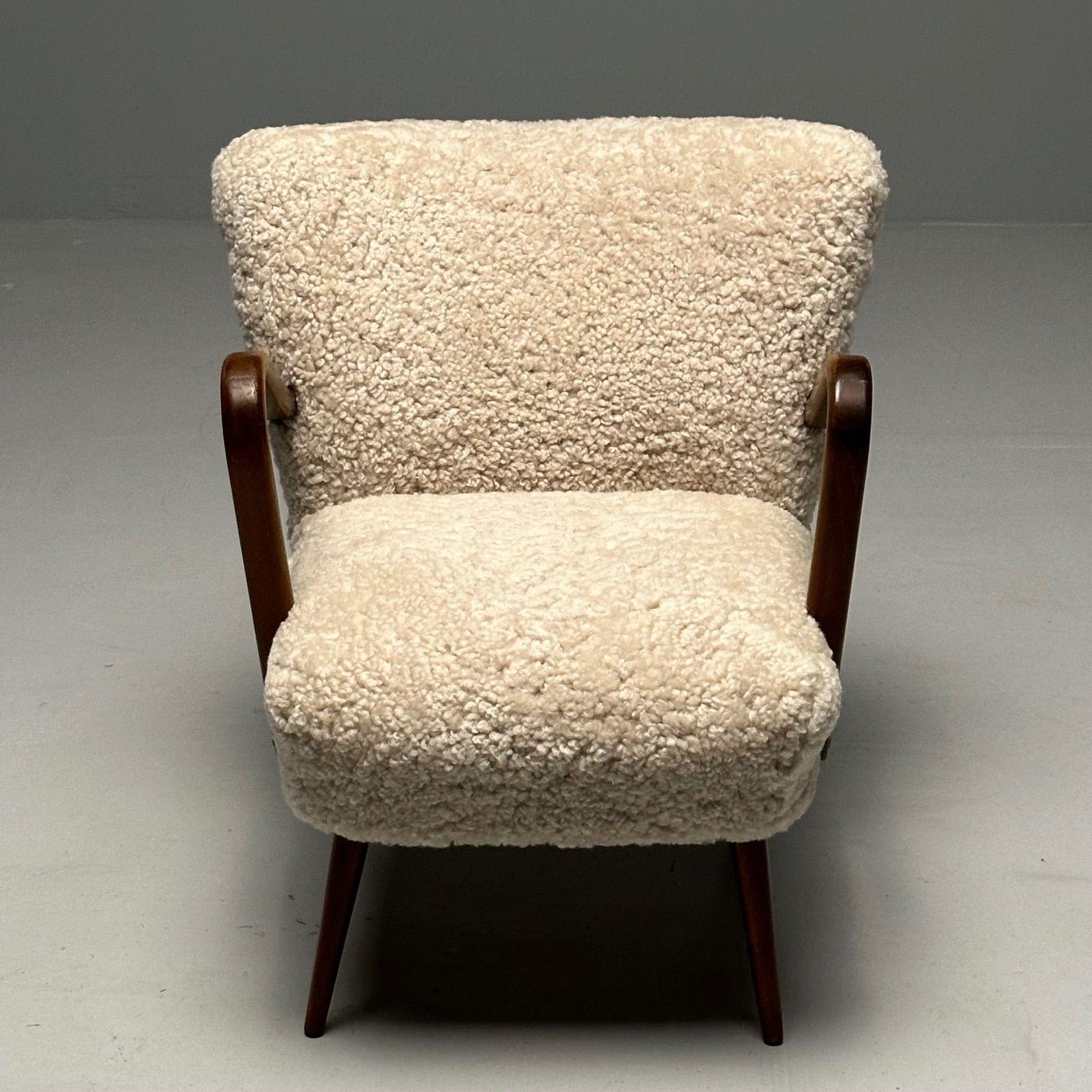 Swedish Designer, Mid-Century Modern, Beige Sheepskin Lounge Chairs, Beech, 1950 10