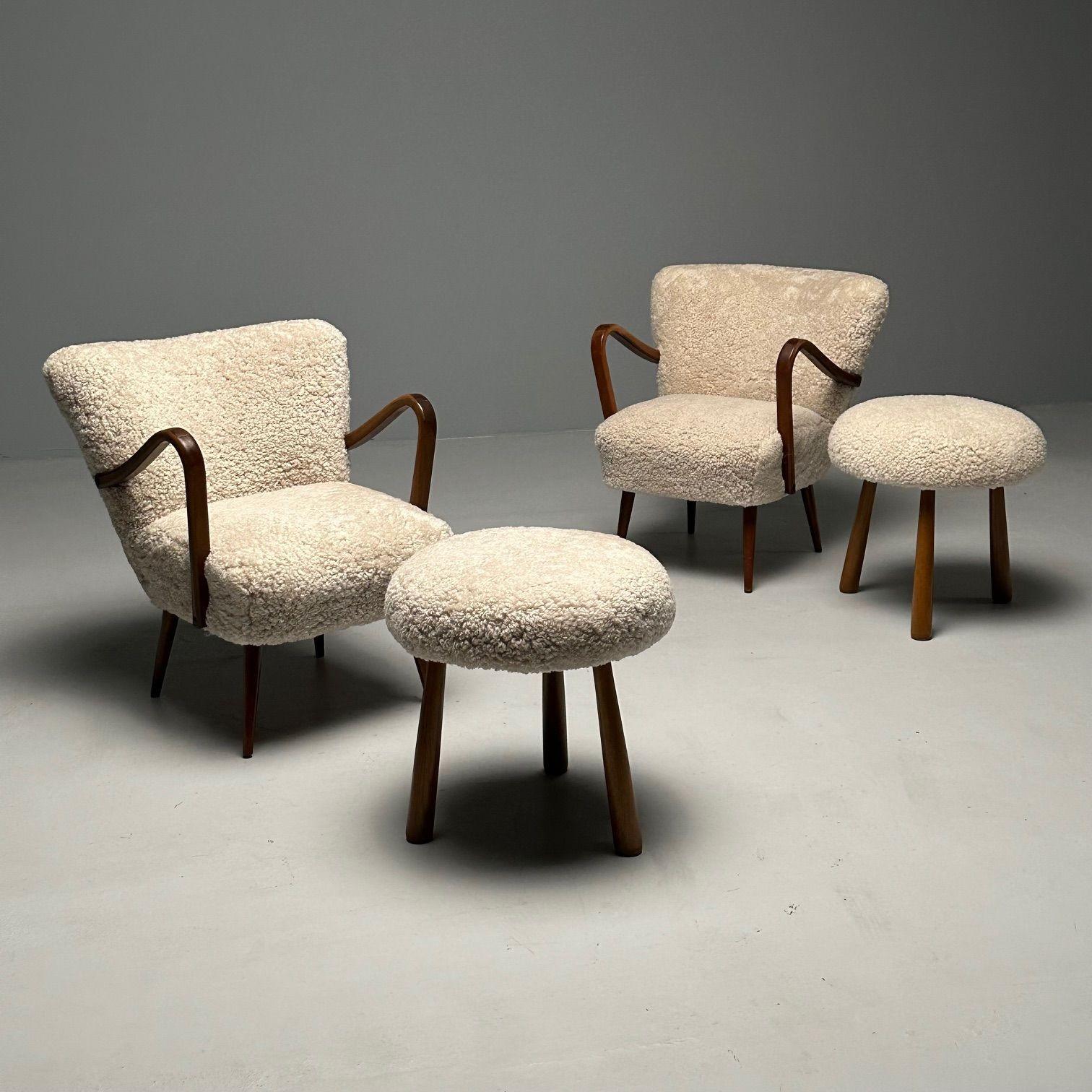 Swedish Designer, Mid-Century Modern, Beige Sheepskin Lounge Chairs, Beech, 1950 12