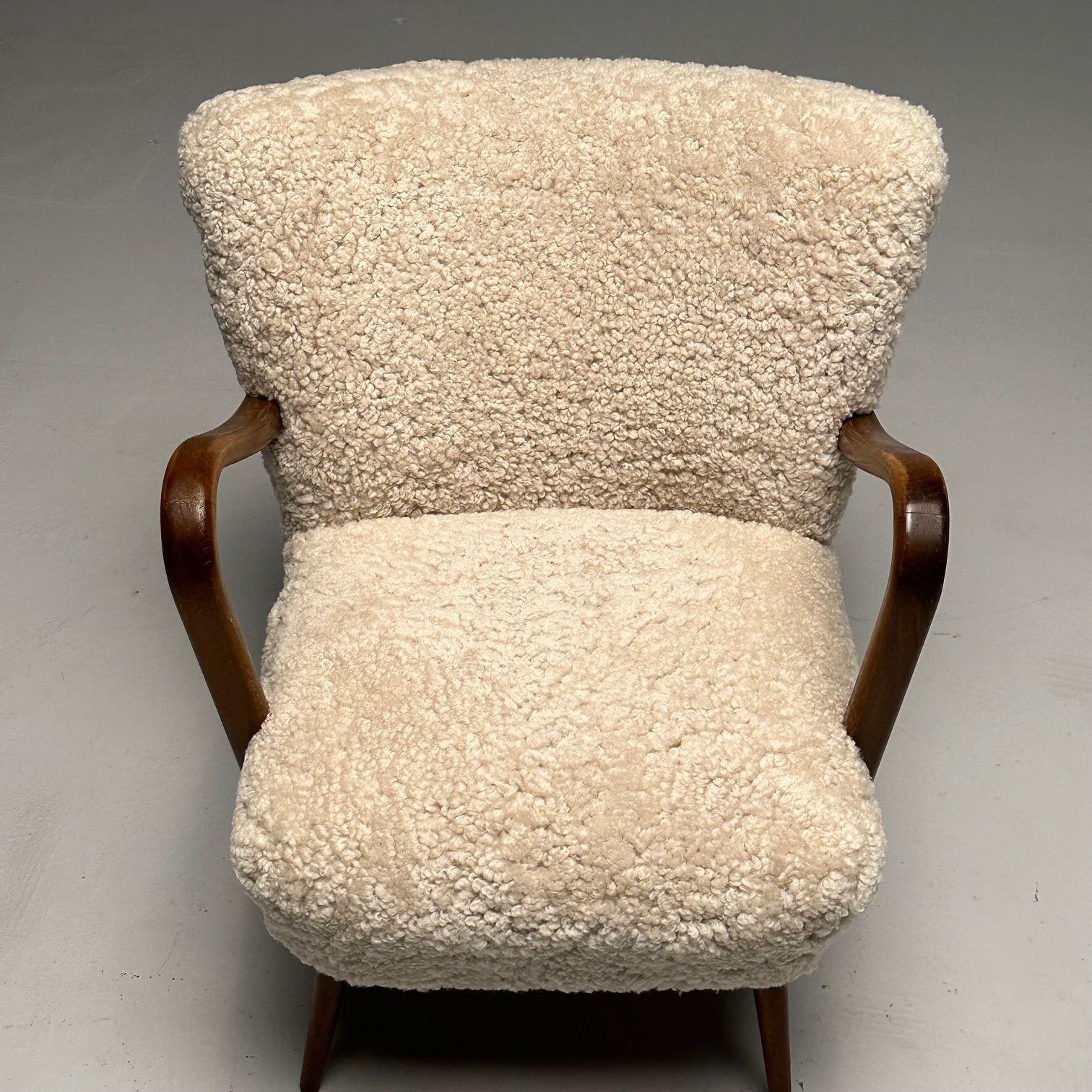 Swedish Designer, Mid-Century Modern, Beige Sheepskin Lounge Chairs, Beech, 1950 13